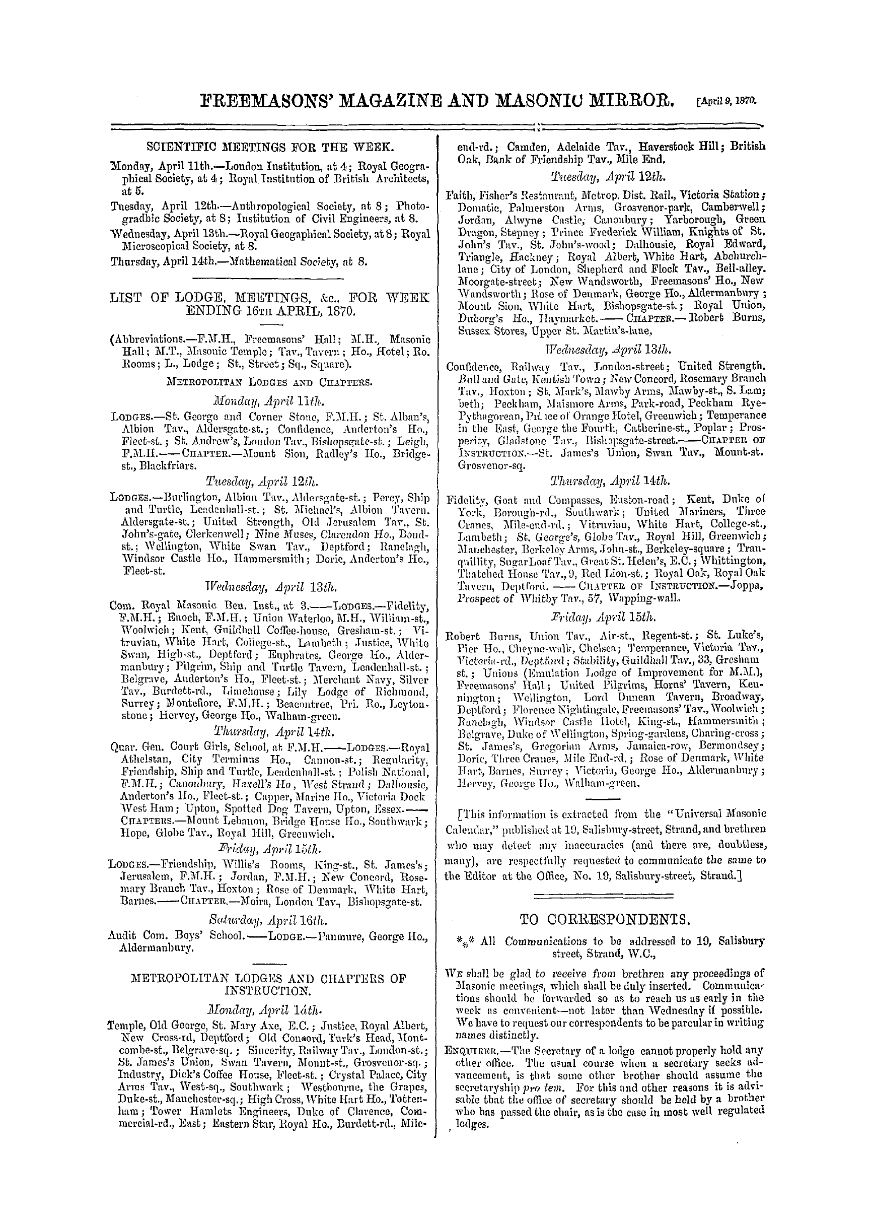 The Freemasons' Monthly Magazine: 1870-04-09 - To Correspondents.
