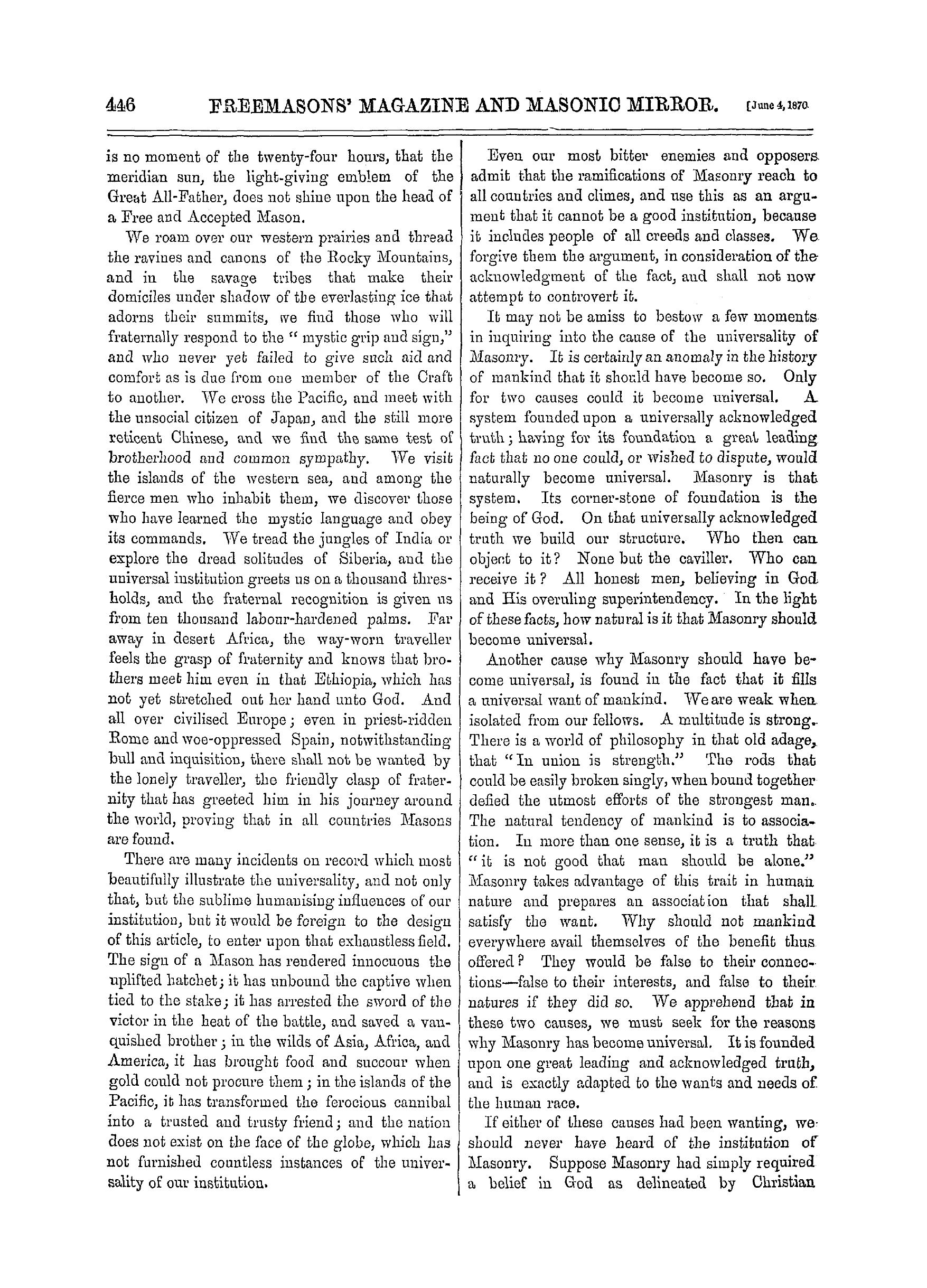 The Freemasons' Monthly Magazine: 1870-06-04 - Universality Of Masonry.