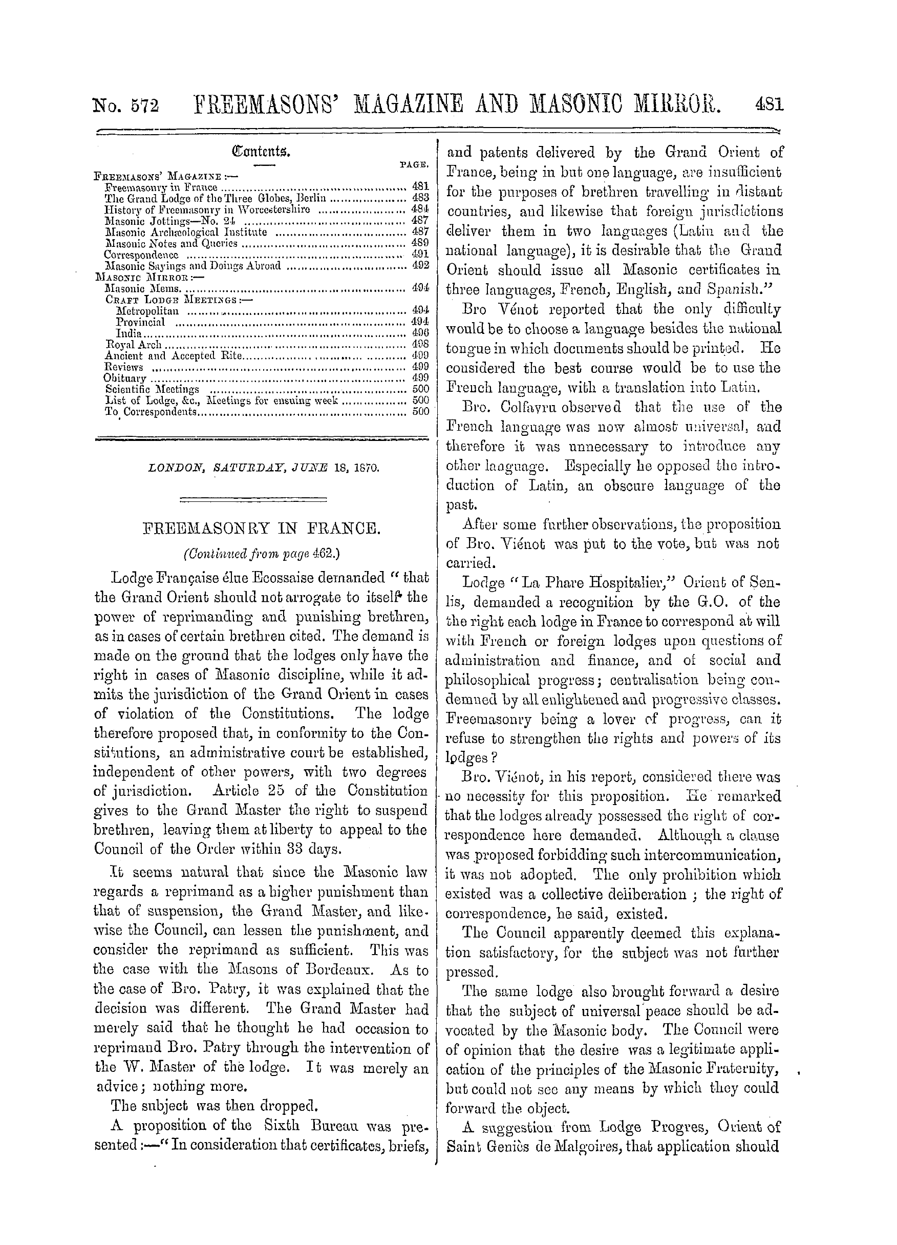 The Freemasons' Monthly Magazine: 1870-06-18 - Ar00100