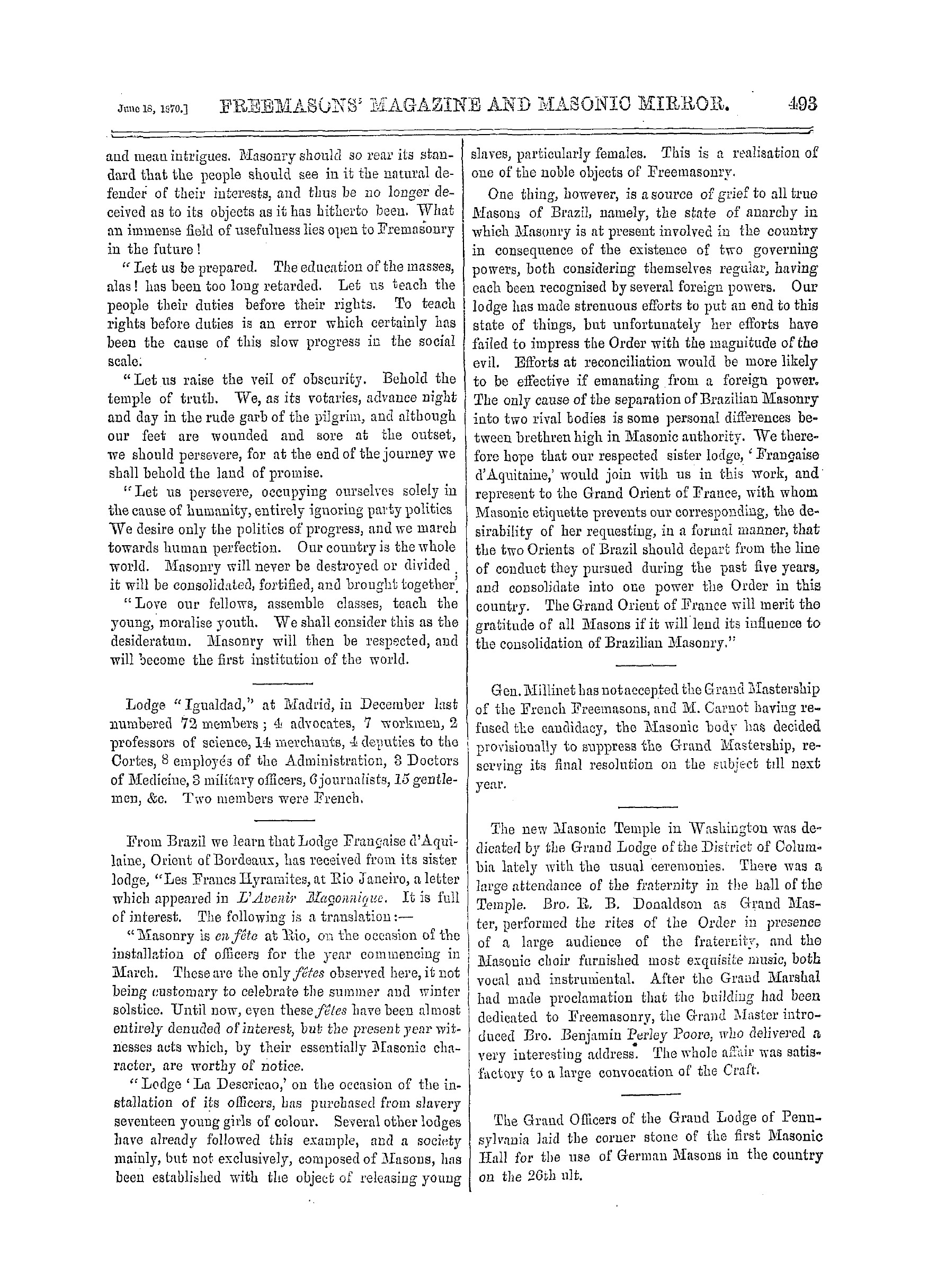 The Freemasons' Monthly Magazine: 1870-06-18 - Masonic Sayings And Doings Abroad.