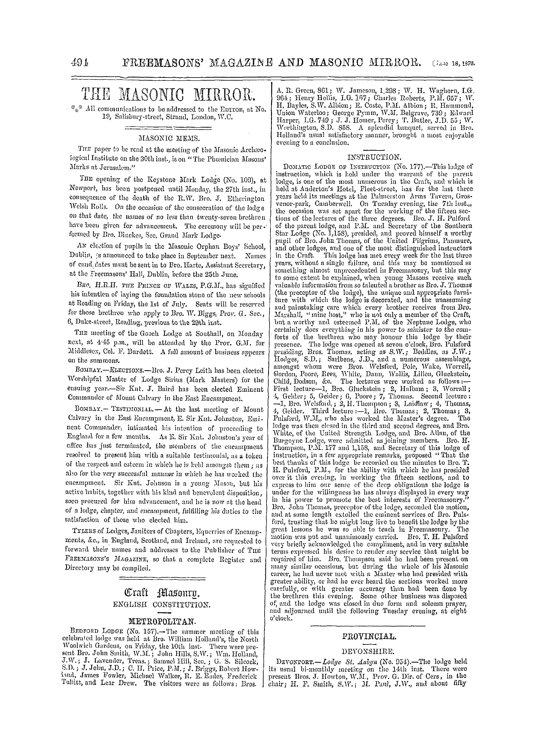 The Freemasons' Monthly Magazine: 1870-06-18 - Craft Masonry.