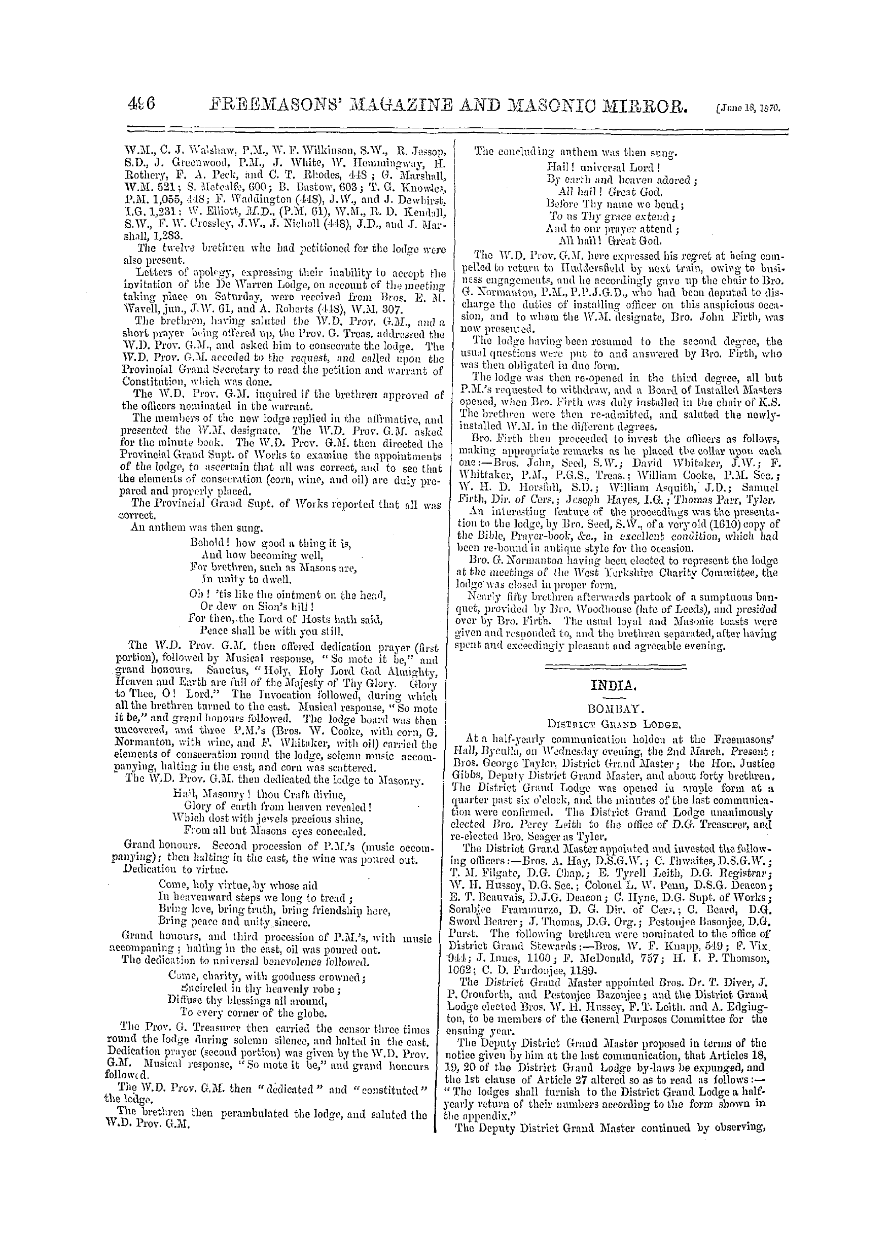 The Freemasons' Monthly Magazine: 1870-06-18 - Craft Masonry.