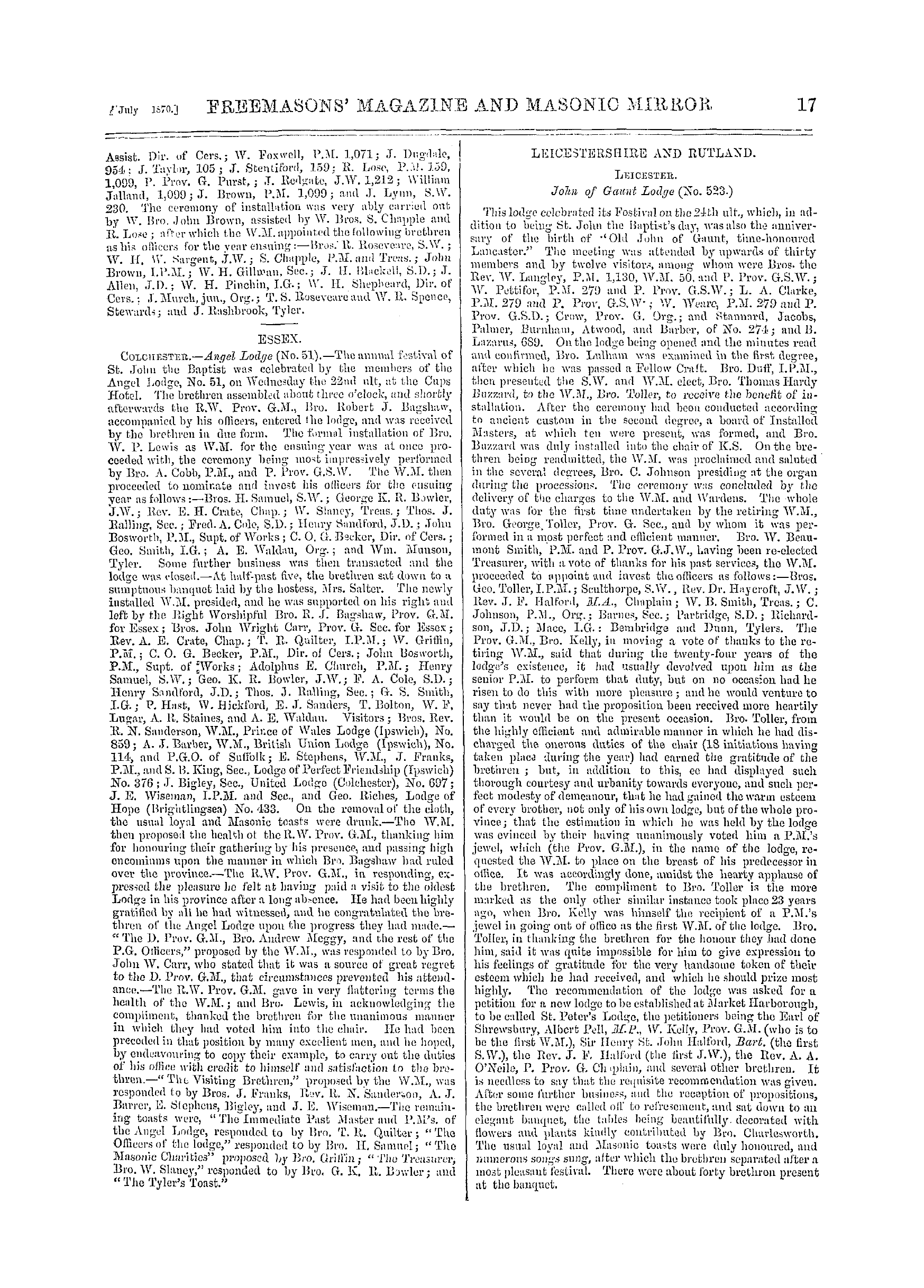 The Freemasons' Monthly Magazine: 1870-07-02 - Leicestershire And Rutland.