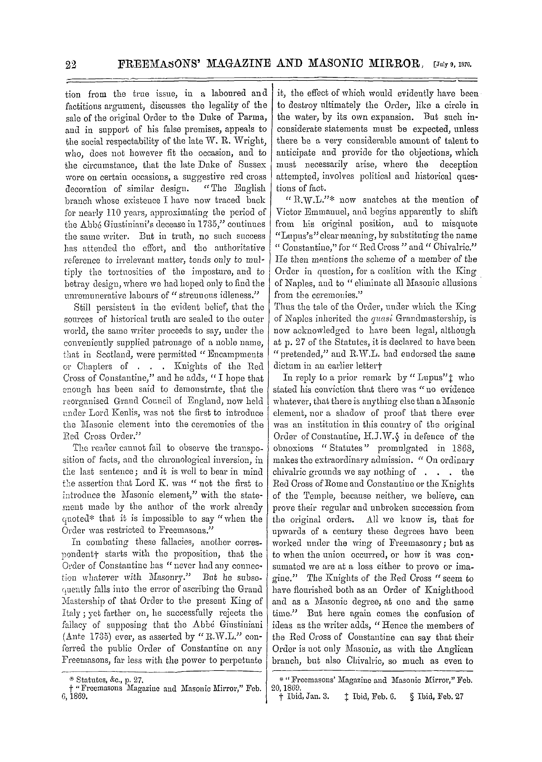 The Freemasons' Monthly Magazine: 1870-07-09 - Masonic Red Cross Order.
