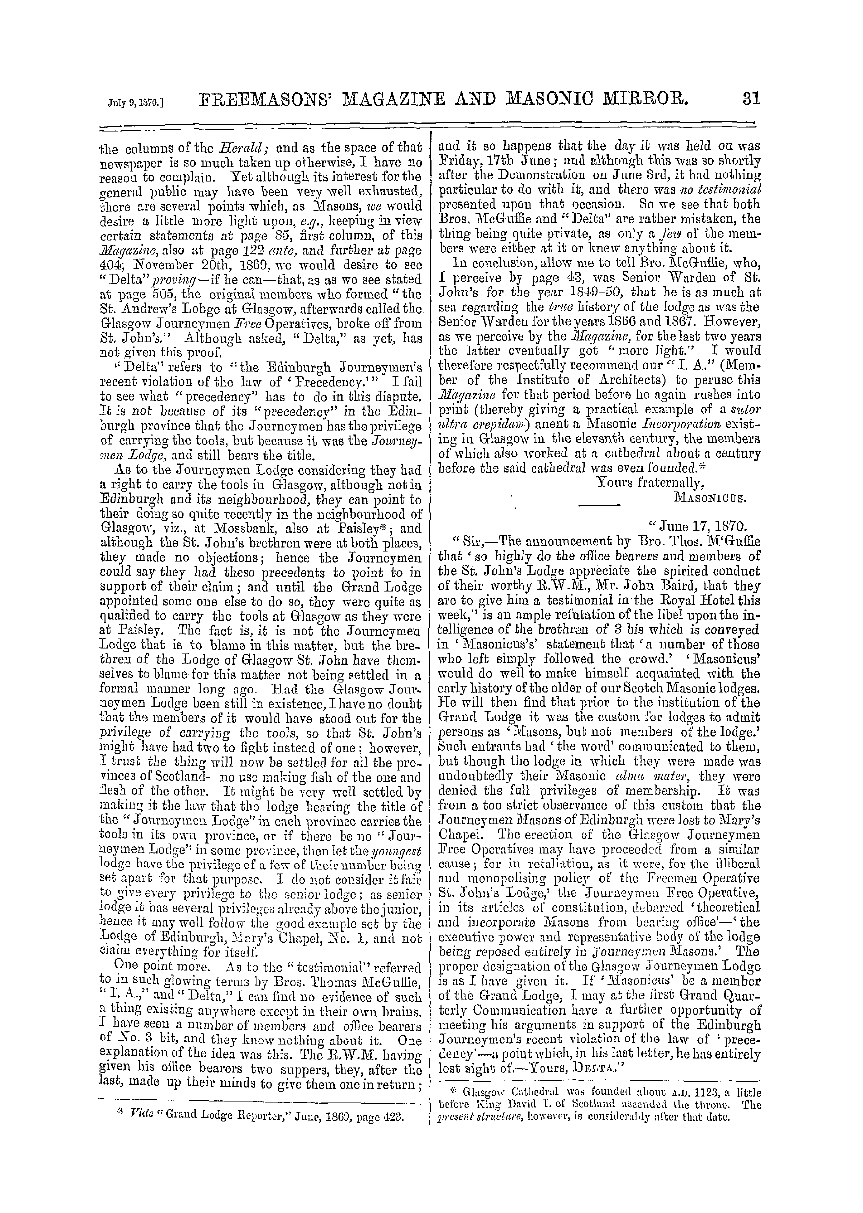 The Freemasons' Monthly Magazine: 1870-07-09: 11