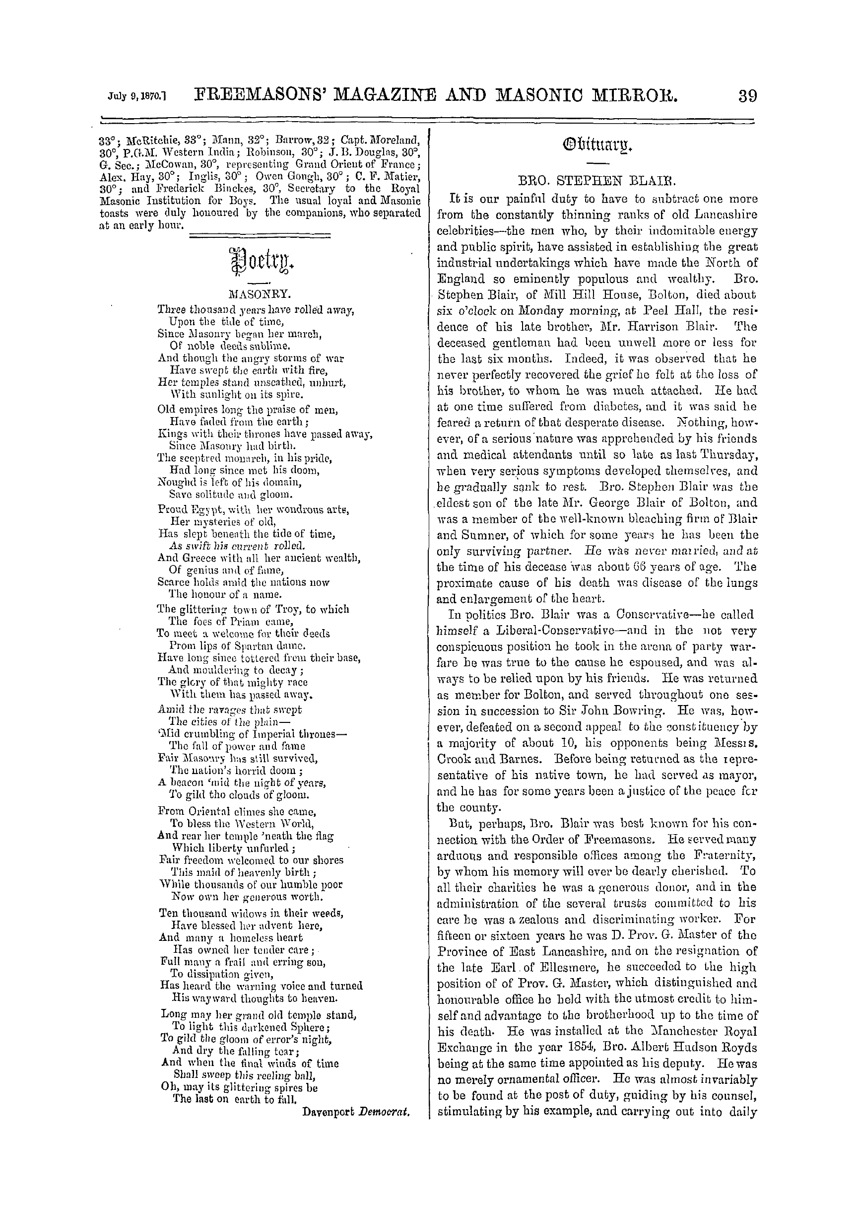 The Freemasons' Monthly Magazine: 1870-07-09 - Obituary.