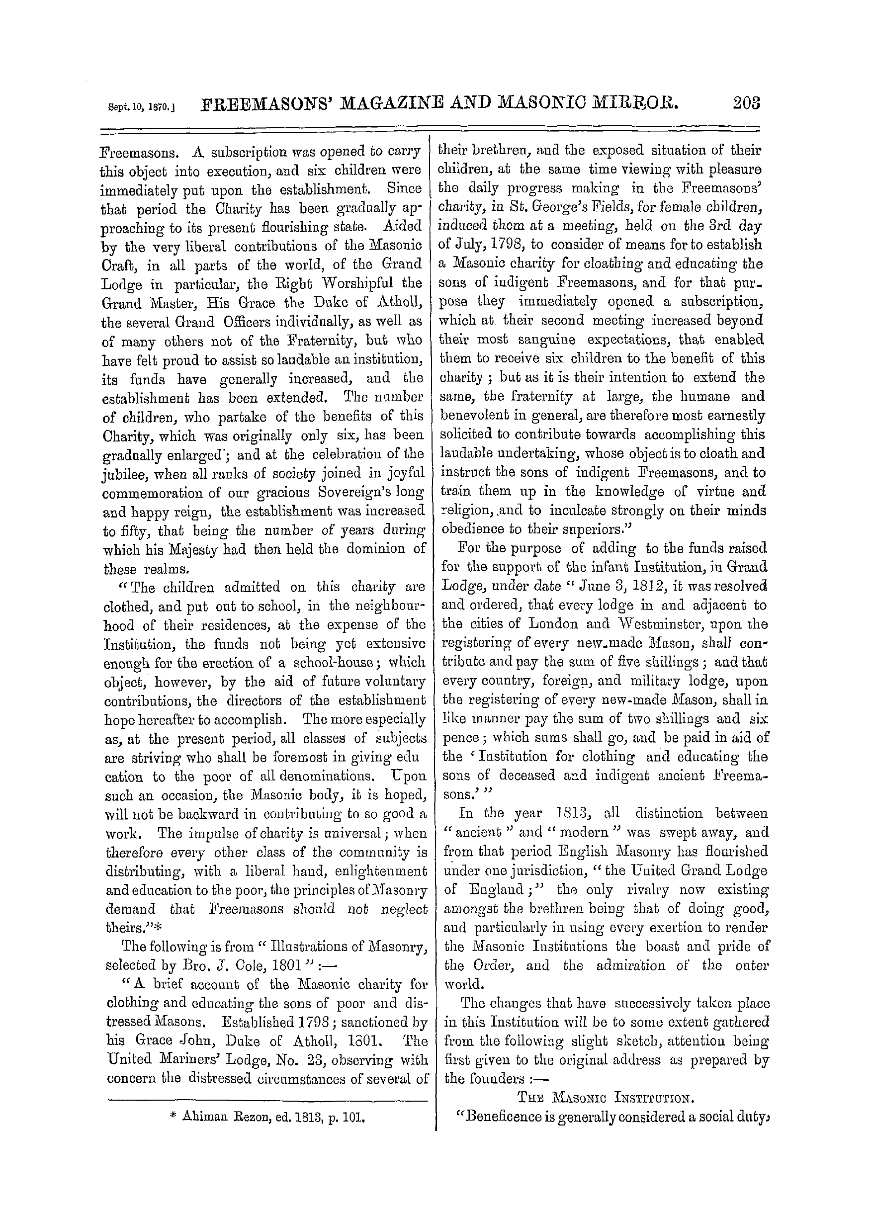 The Freemasons' Monthly Magazine: 1870-09-10 - Our Masonic Charities.