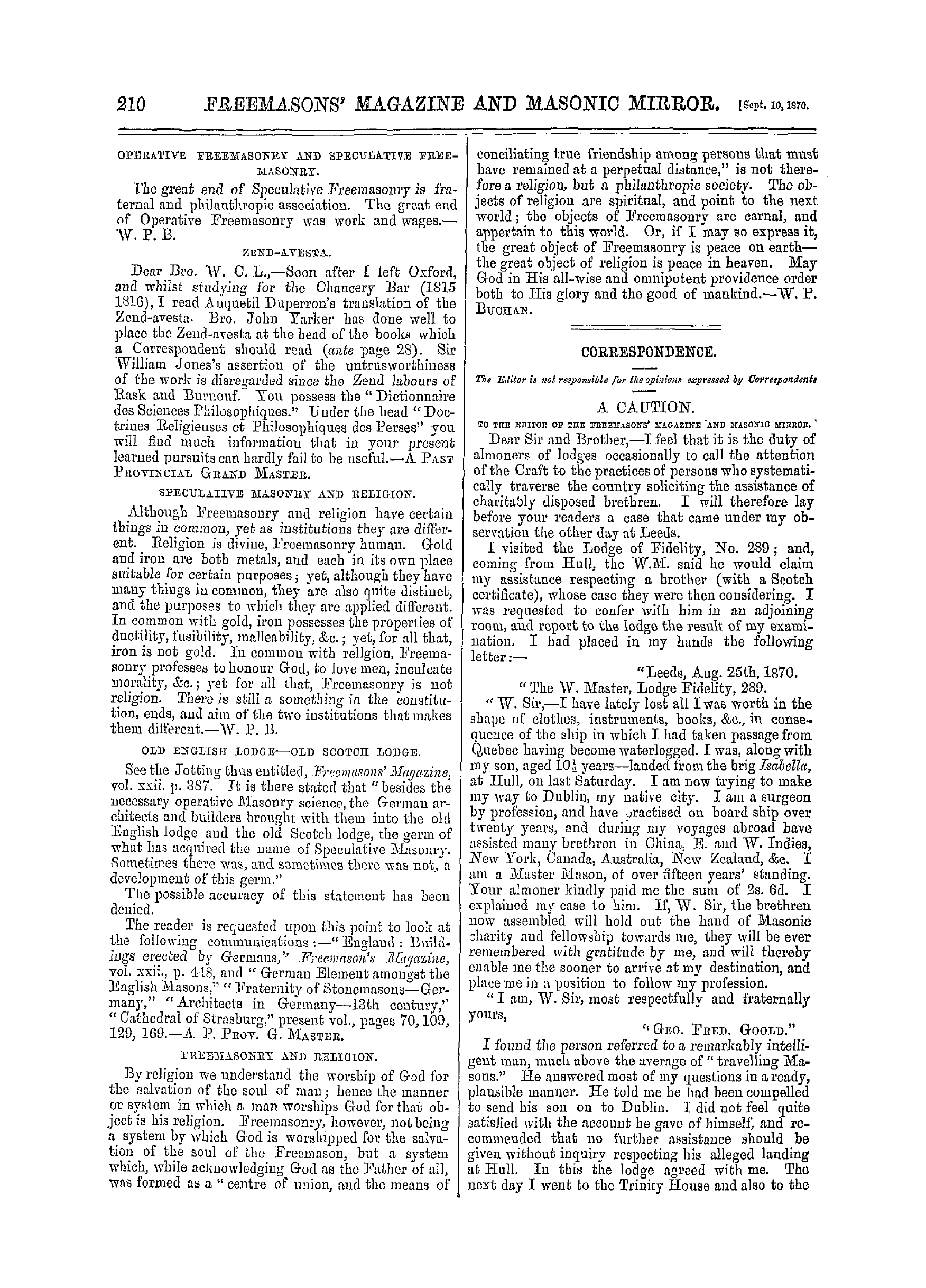 The Freemasons' Monthly Magazine: 1870-09-10 - Correspondence.