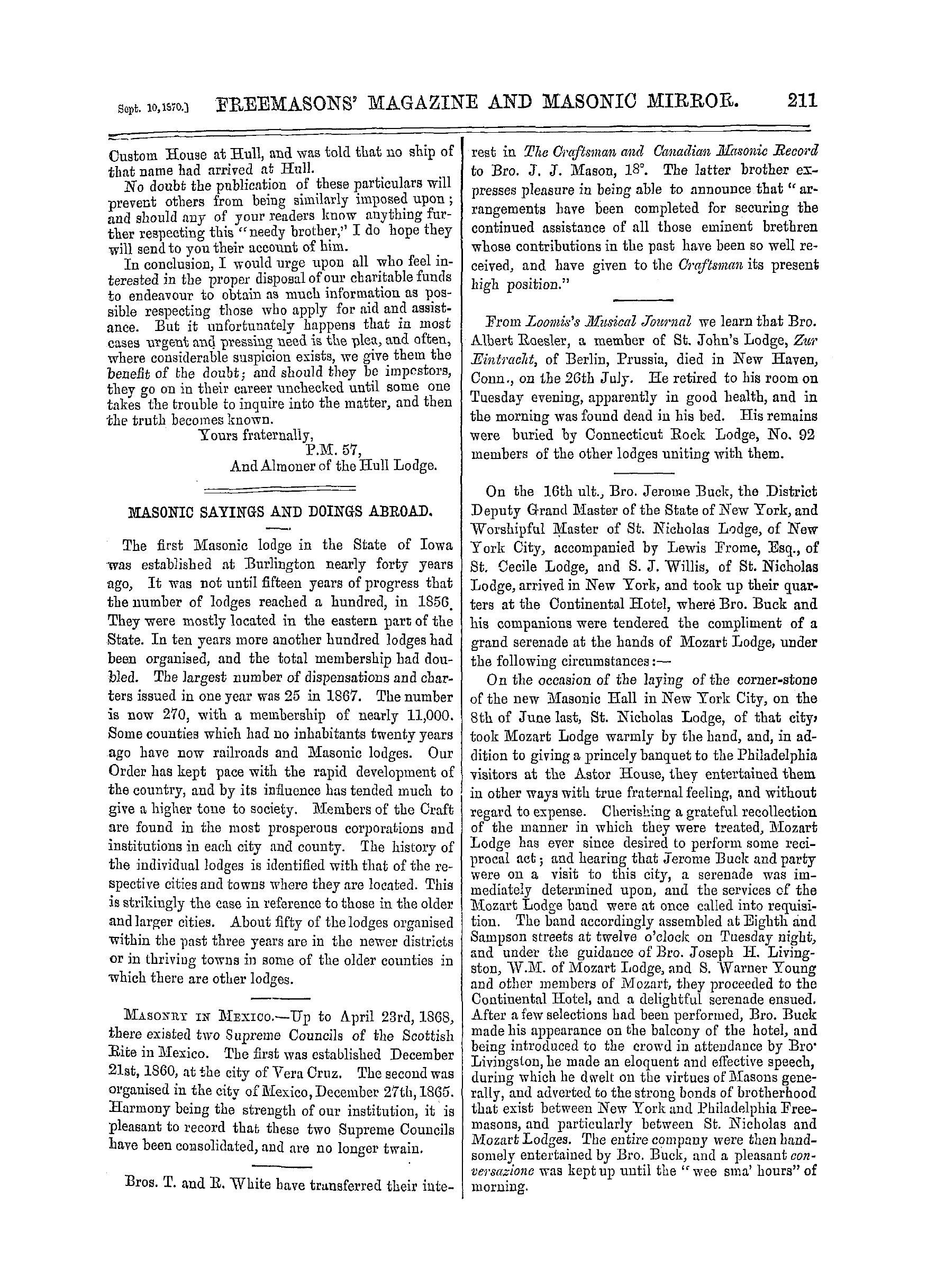 The Freemasons' Monthly Magazine: 1870-09-10 - Correspondence.