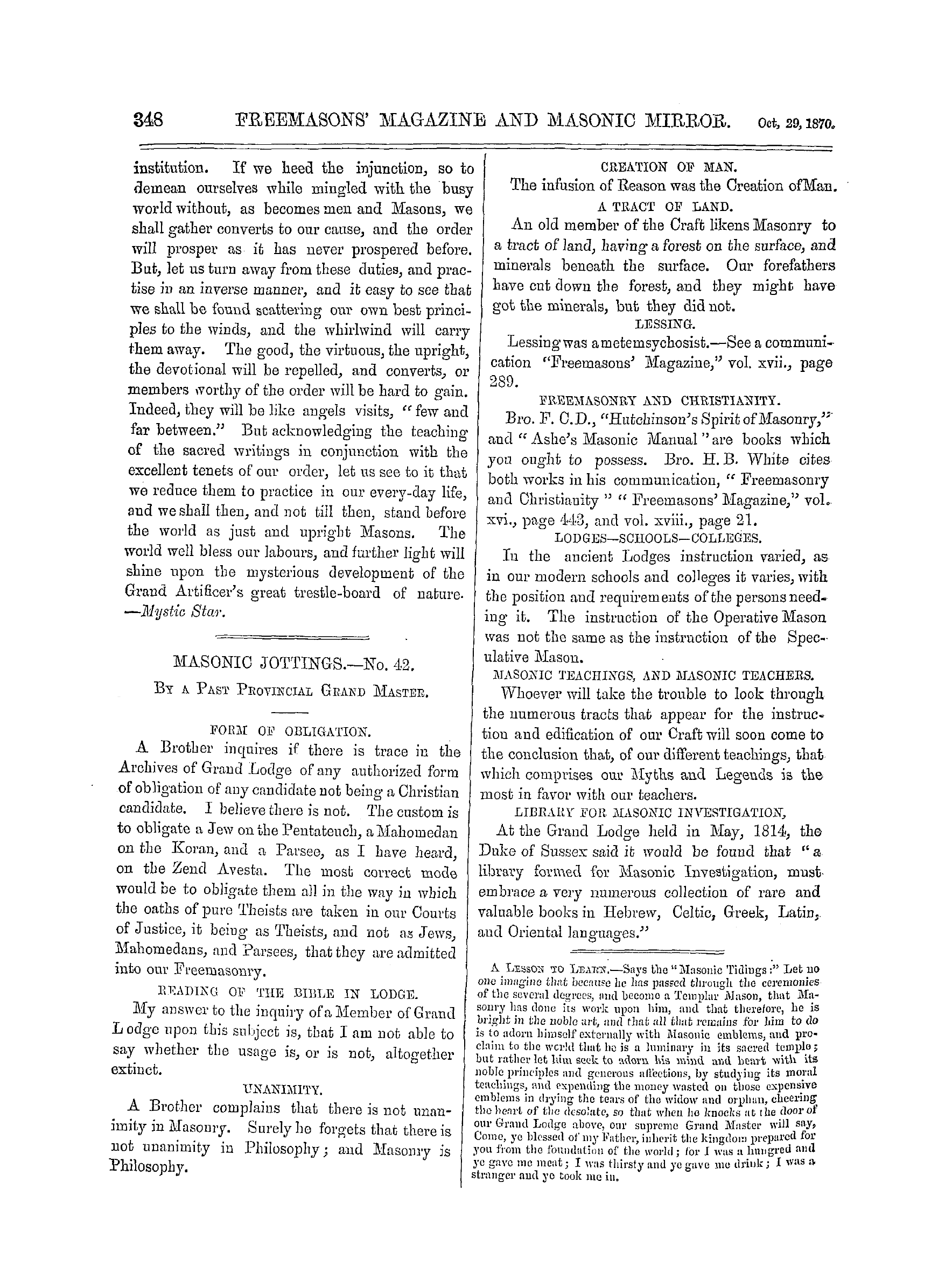 The Freemasons' Monthly Magazine: 1870-10-29 - The Bible And Masonry.
