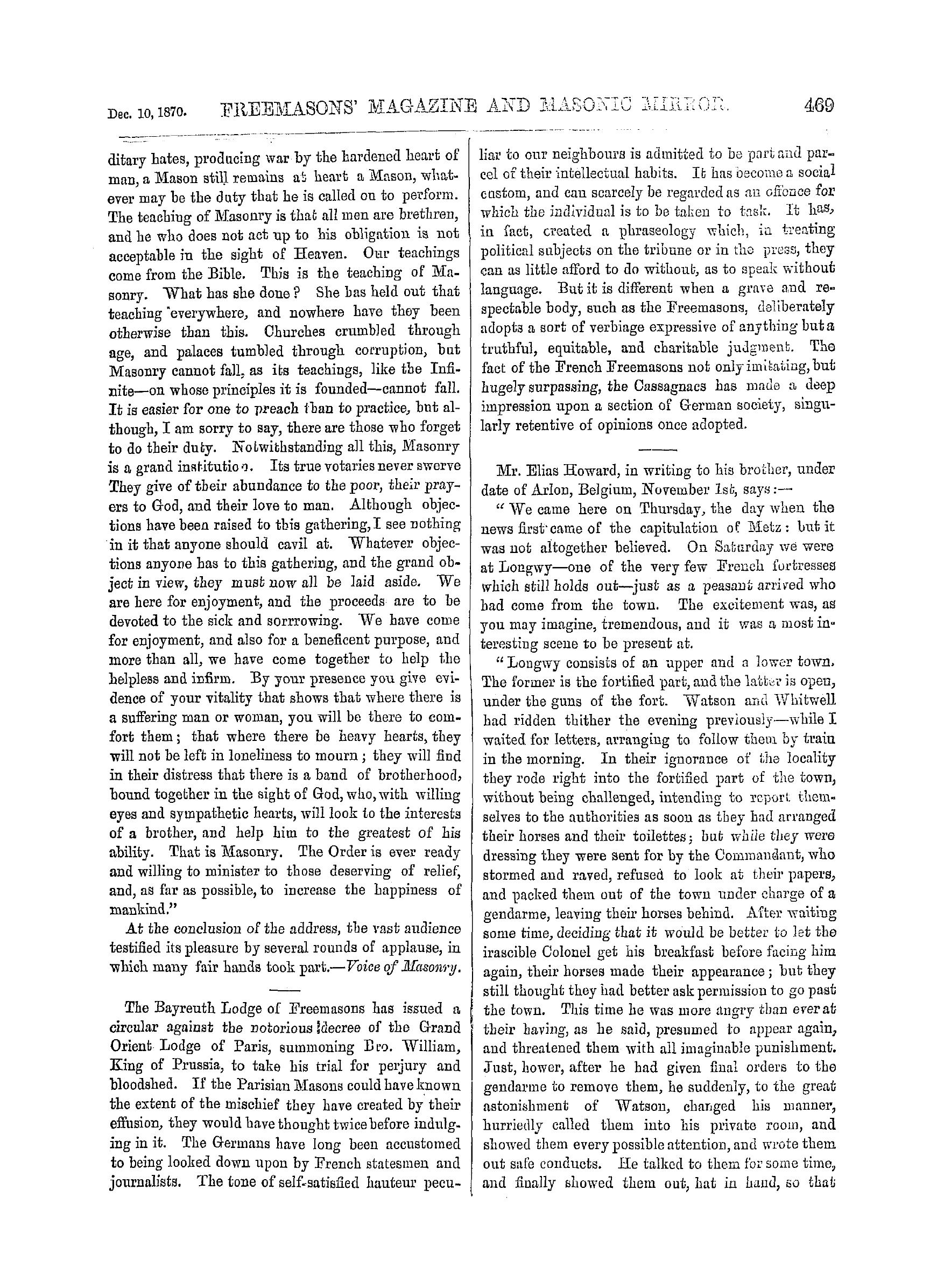 The Freemasons' Monthly Magazine: 1870-12-10 - Masonic Sayings And Doings Abroad.