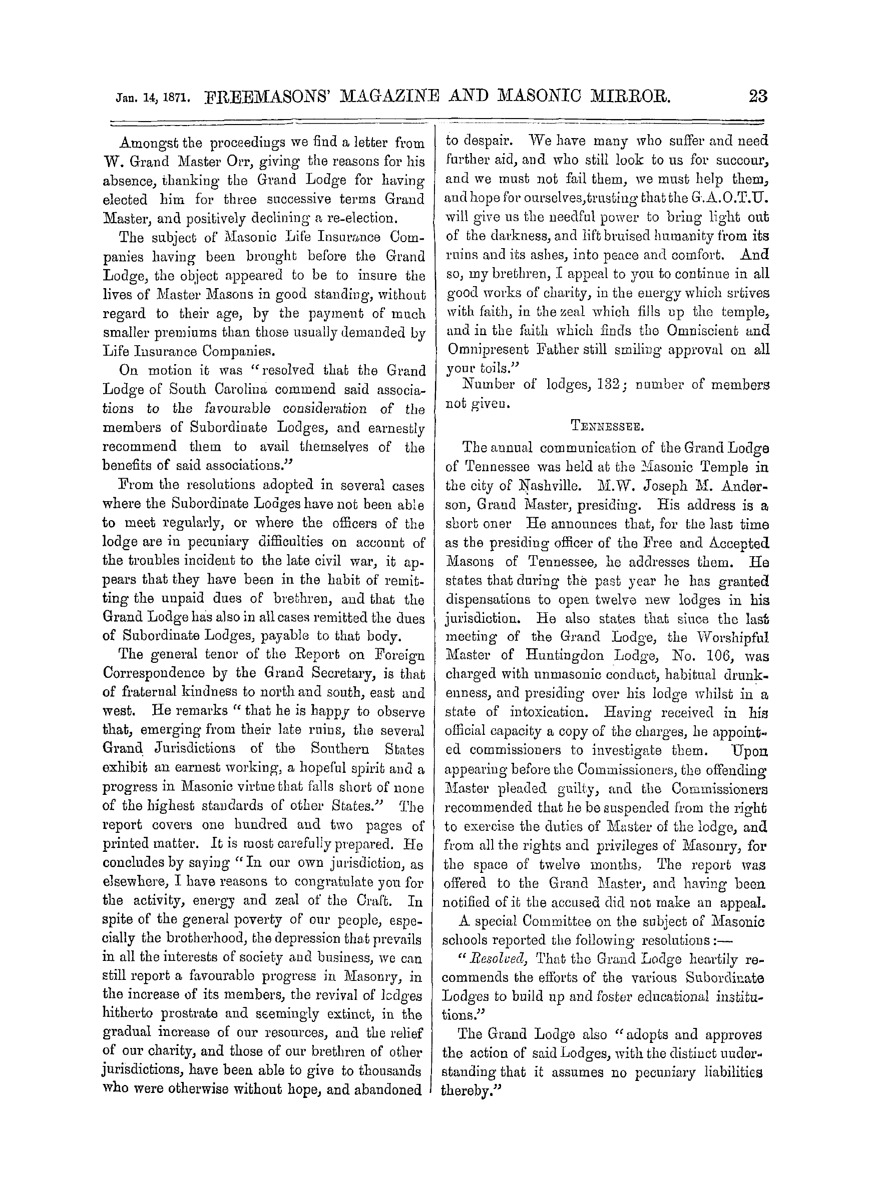 The Freemasons' Monthly Magazine: 1871-01-14 - Notes On American Freemasonry.