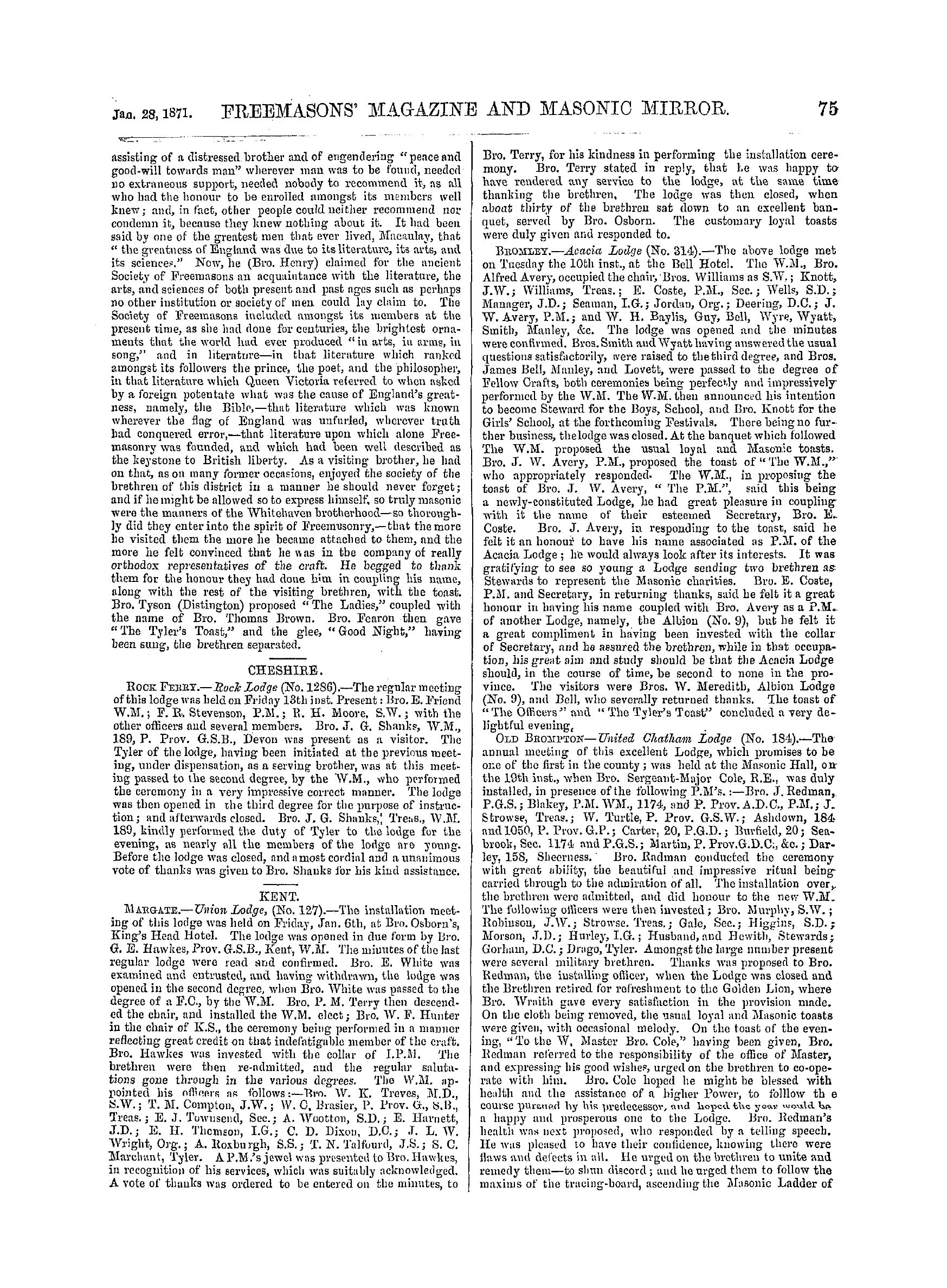 The Freemasons' Monthly Magazine: 1871-01-28 - Provincial.