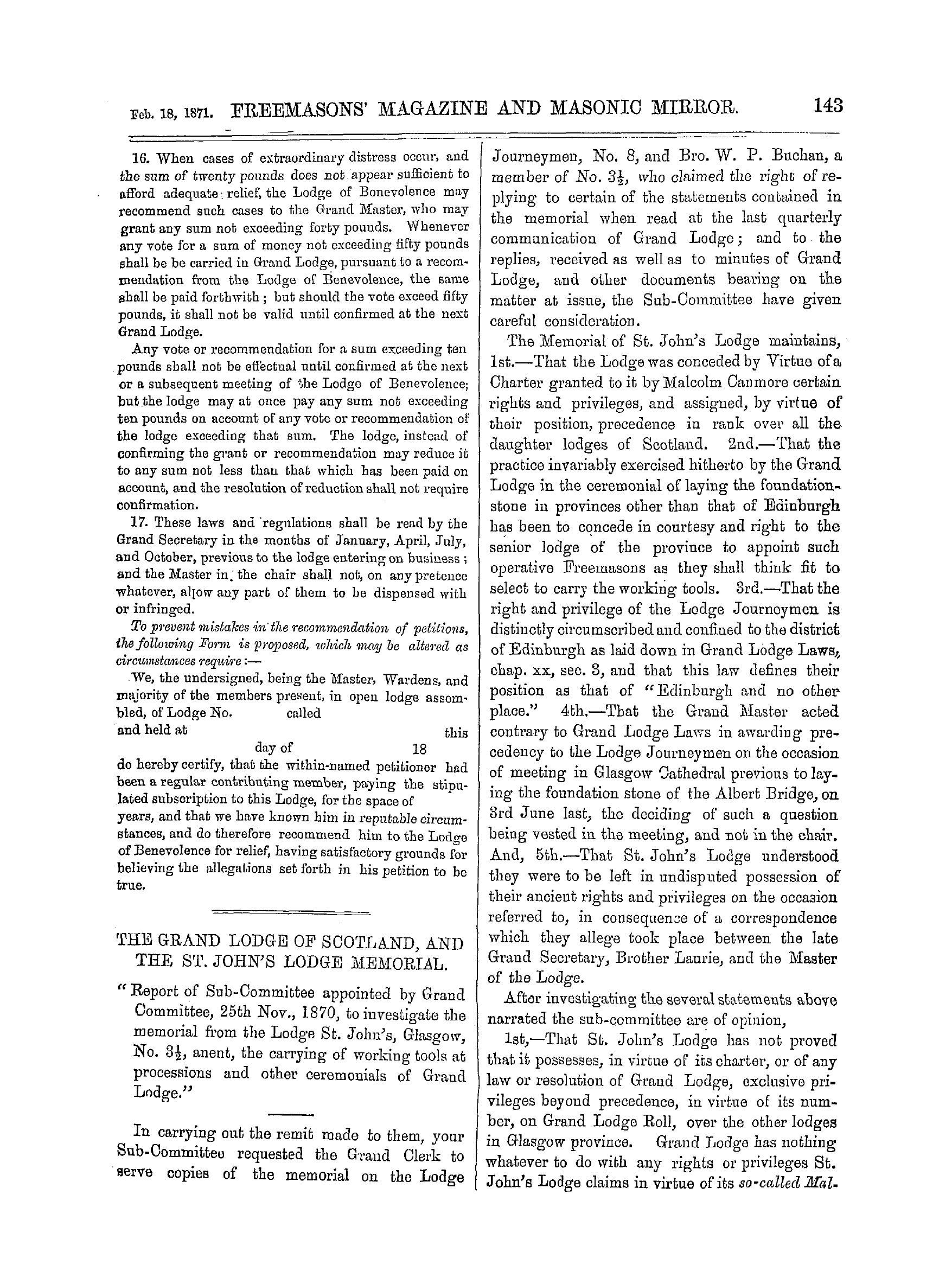 The Freemasons' Monthly Magazine: 1871-02-25 - The Fund Of Benevolence.