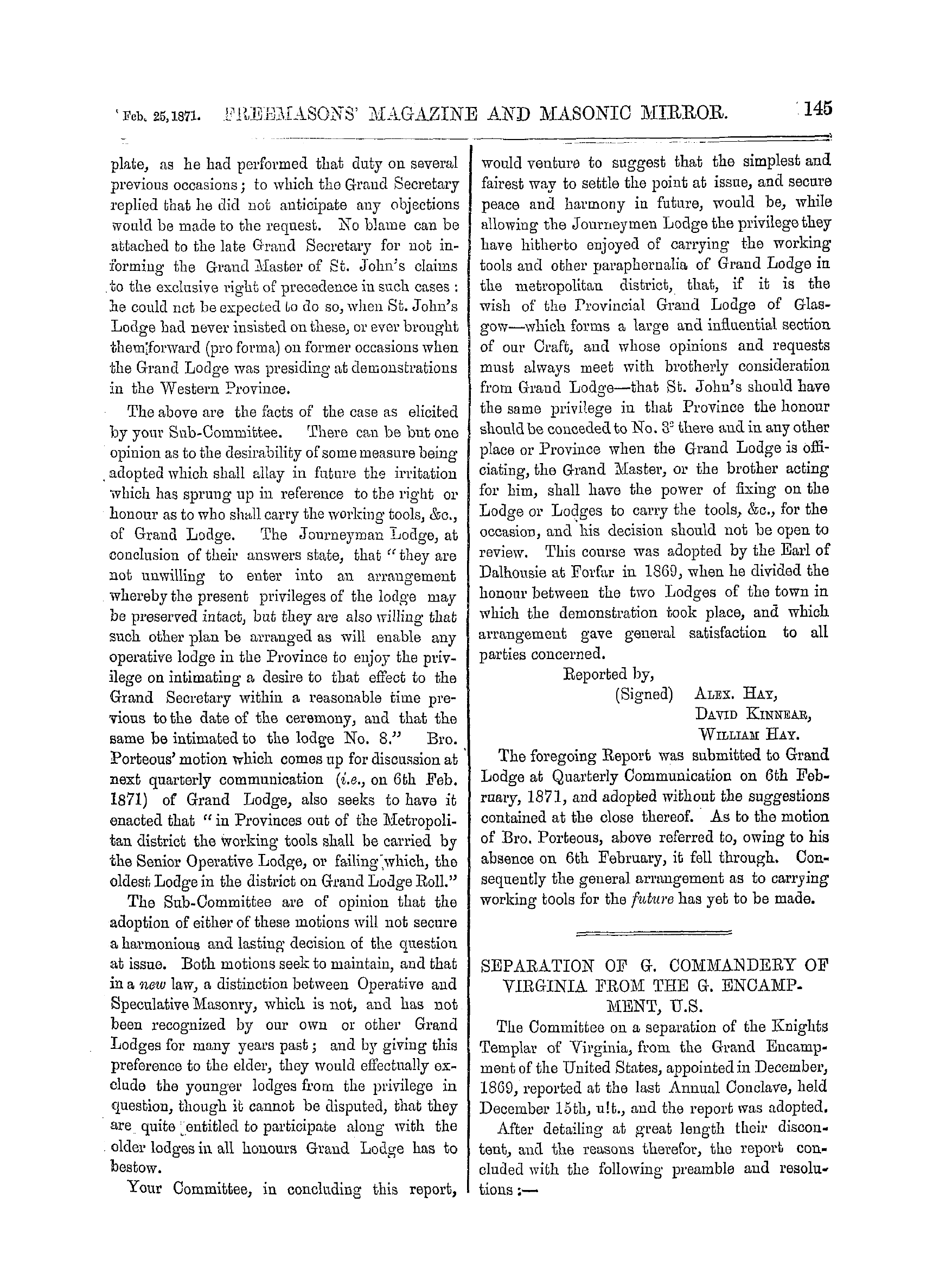 The Freemasons' Monthly Magazine: 1871-02-25 - Separation Of G. Commandery Of Virginia From The G. Encampment, U.S.