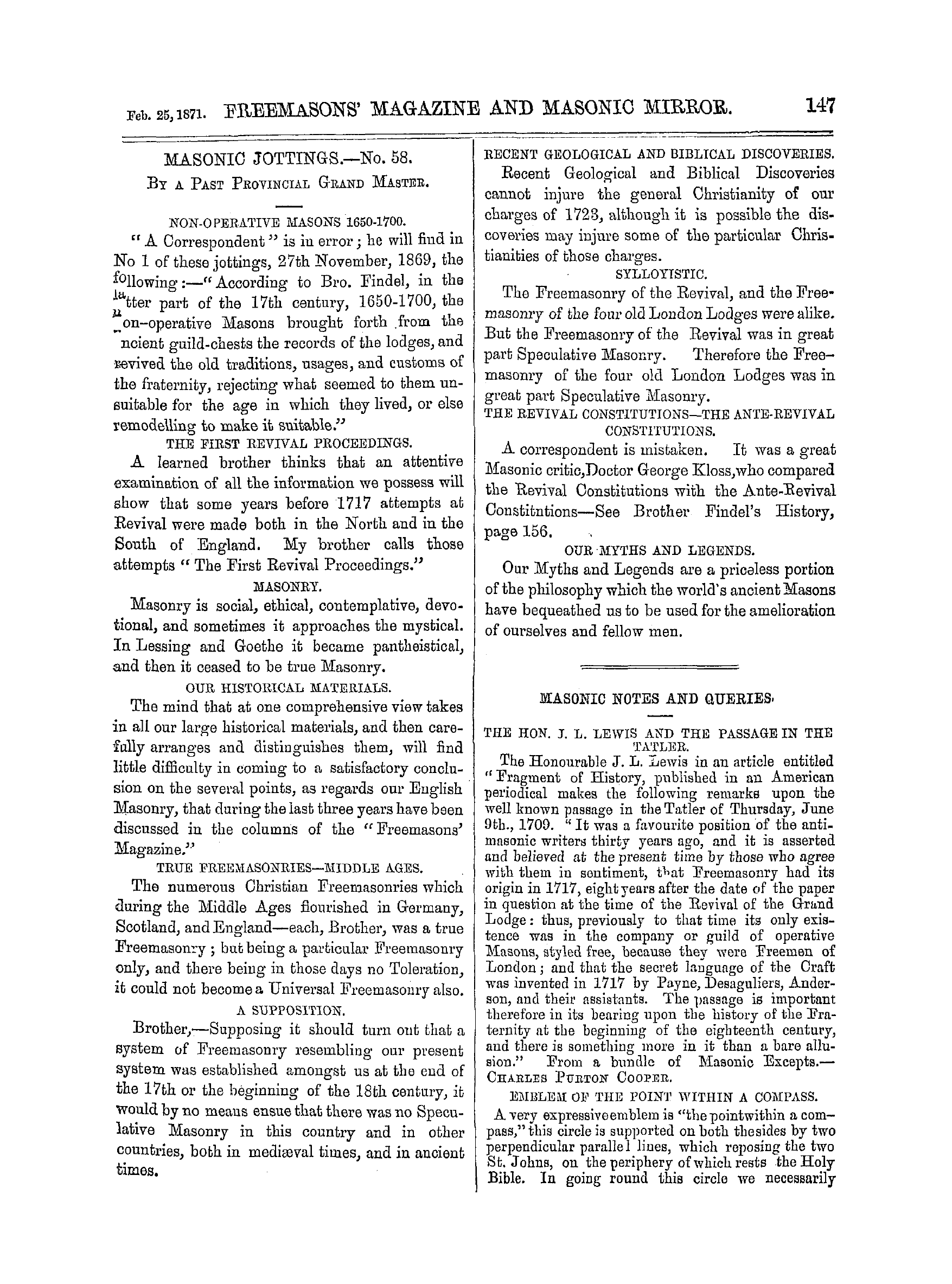 The Freemasons' Monthly Magazine: 1871-02-25 - Masonic Notes And Queries.