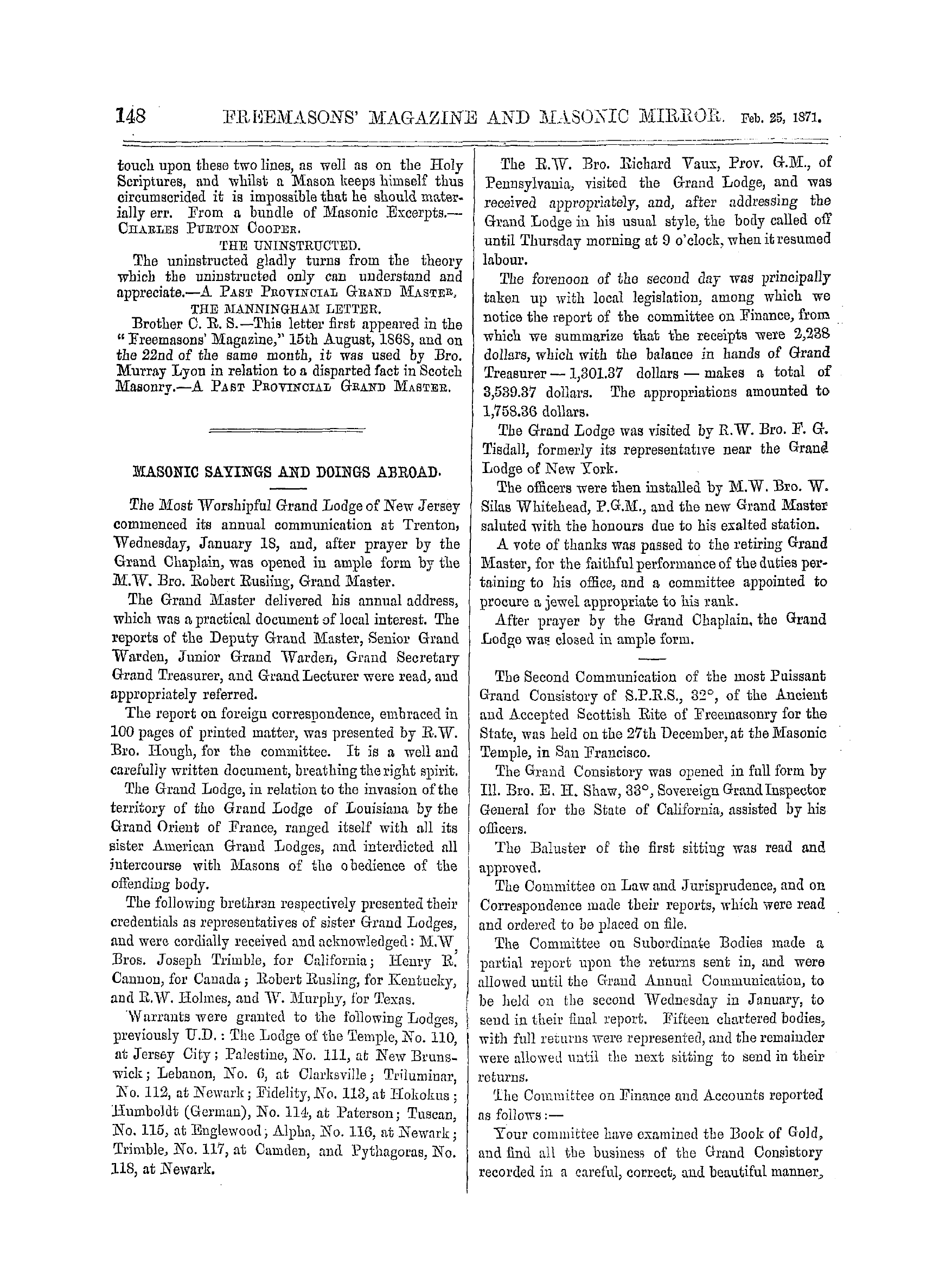 The Freemasons' Monthly Magazine: 1871-02-25 - Masonic Sayings And Doings Abroad.