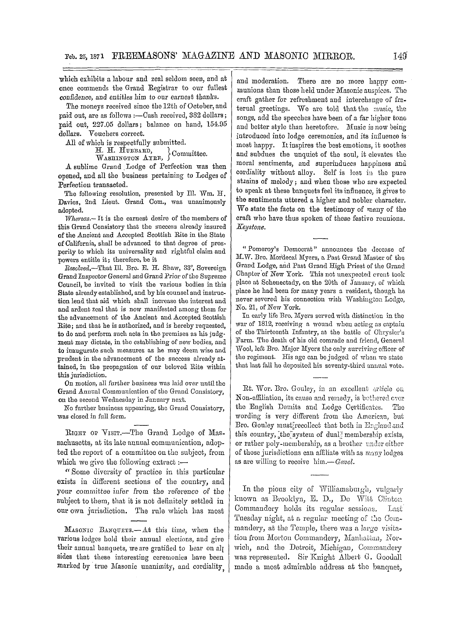 The Freemasons' Monthly Magazine: 1871-02-25 - Masonic Sayings And Doings Abroad.