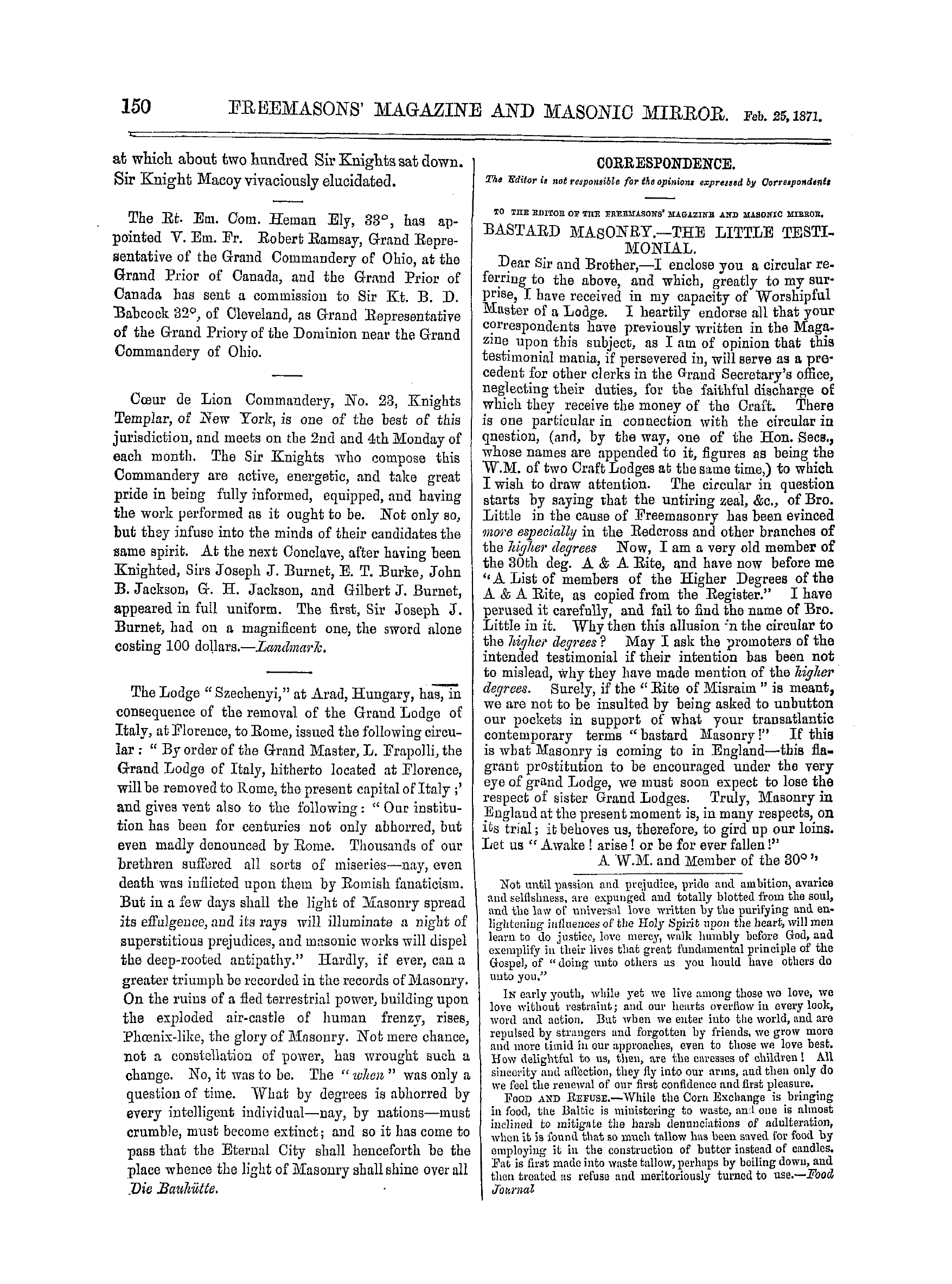 The Freemasons' Monthly Magazine: 1871-02-25 - Correspondence.