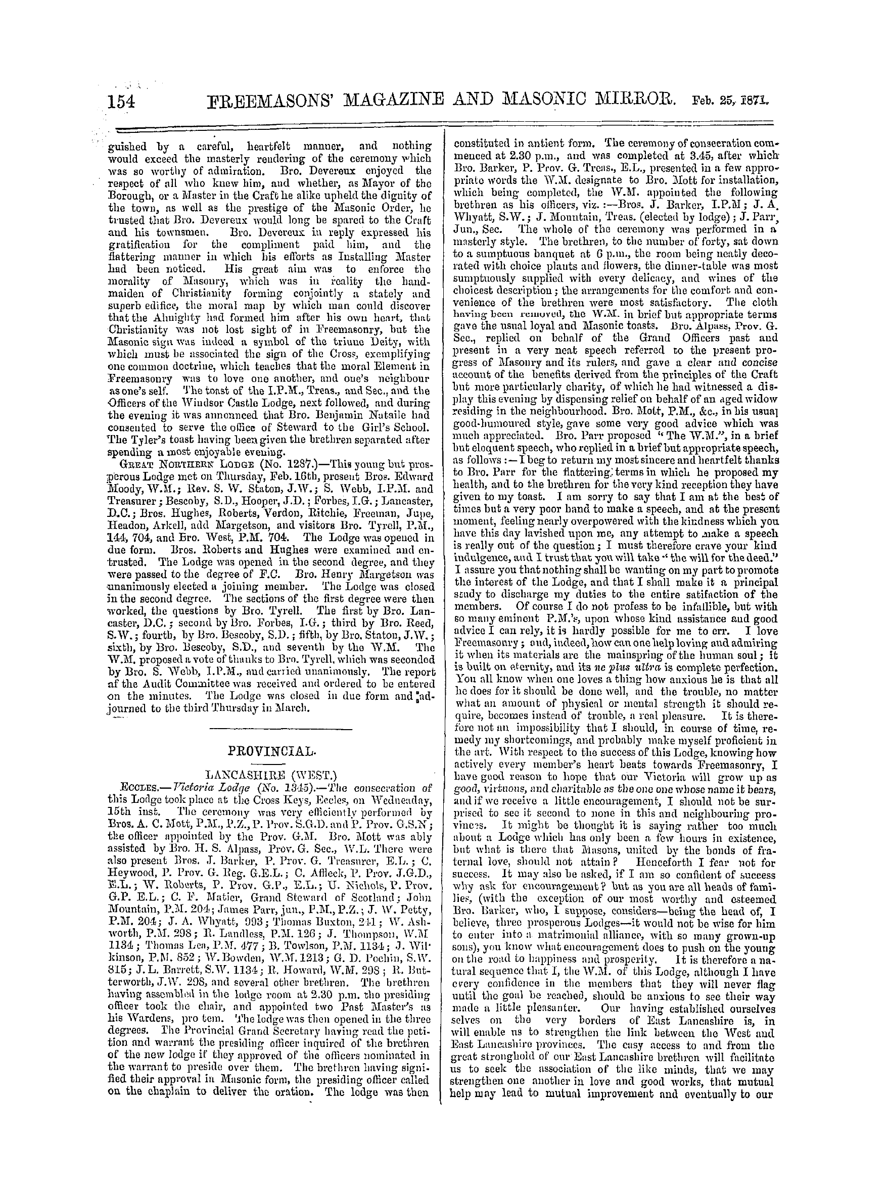 The Freemasons' Monthly Magazine: 1871-02-25 - Provincial.