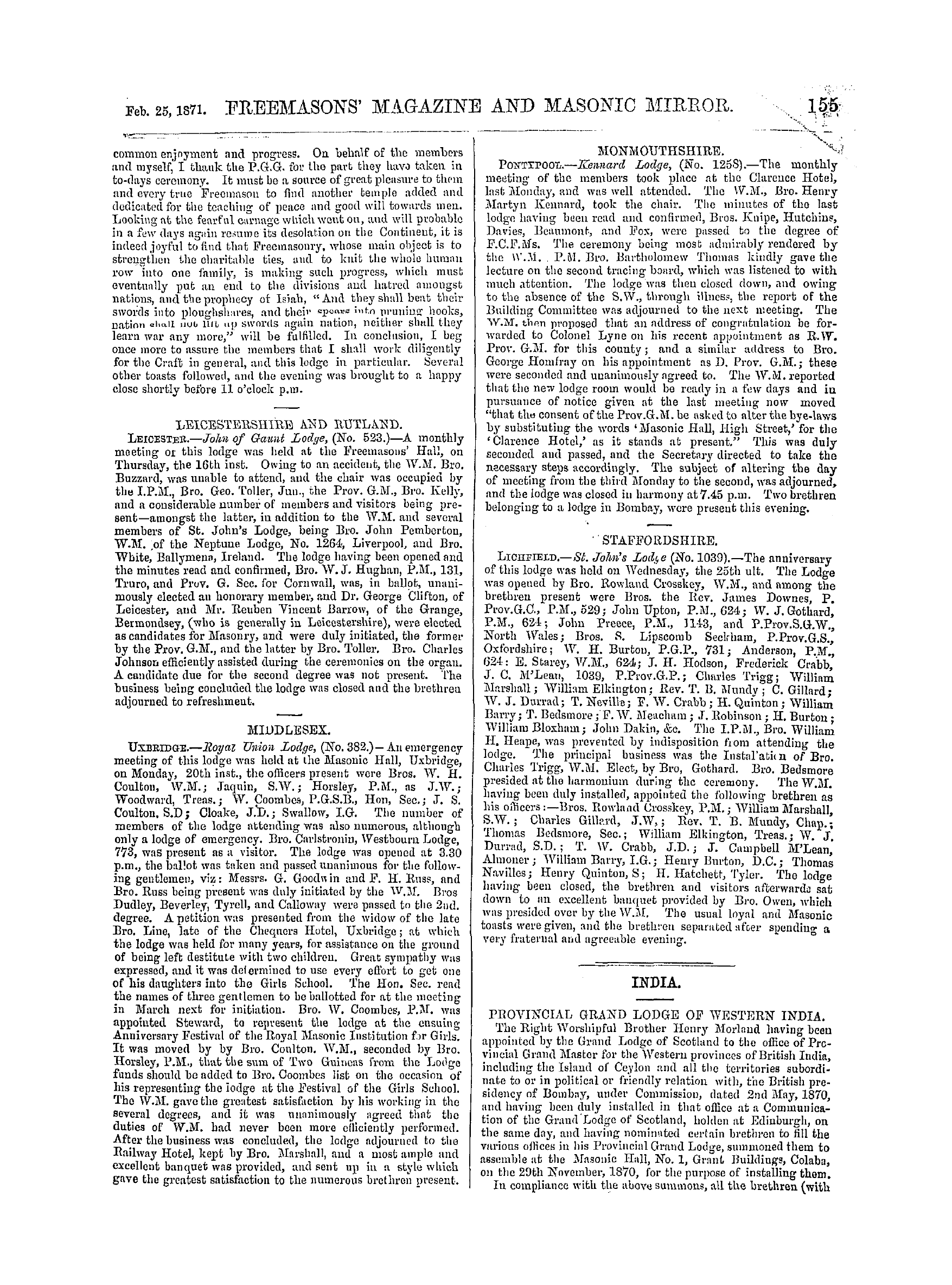 The Freemasons' Monthly Magazine: 1871-02-25 - India.