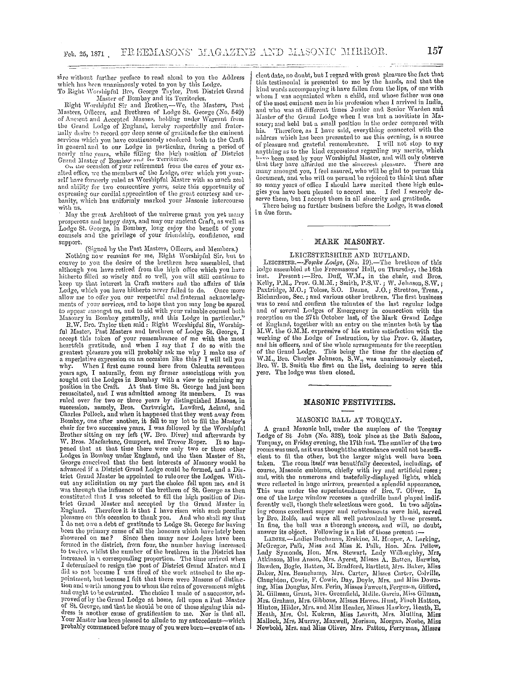 The Freemasons' Monthly Magazine: 1871-02-25 - India.
