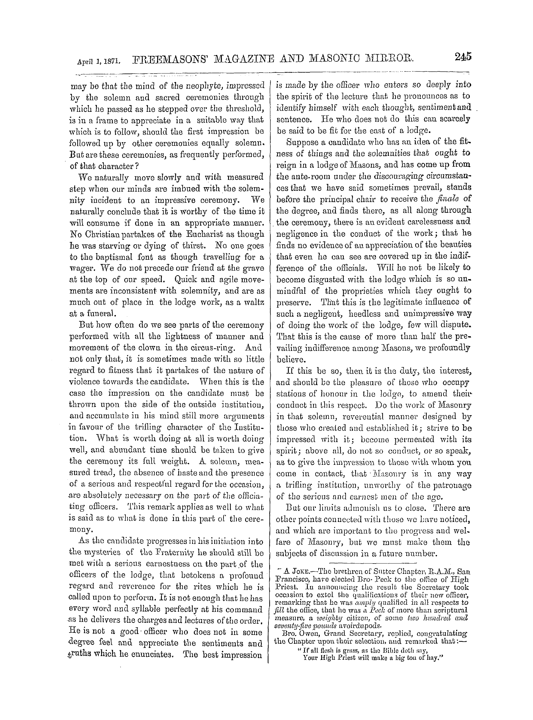 The Freemasons' Monthly Magazine: 1871-04-01 - Performance Of Masonic Work.