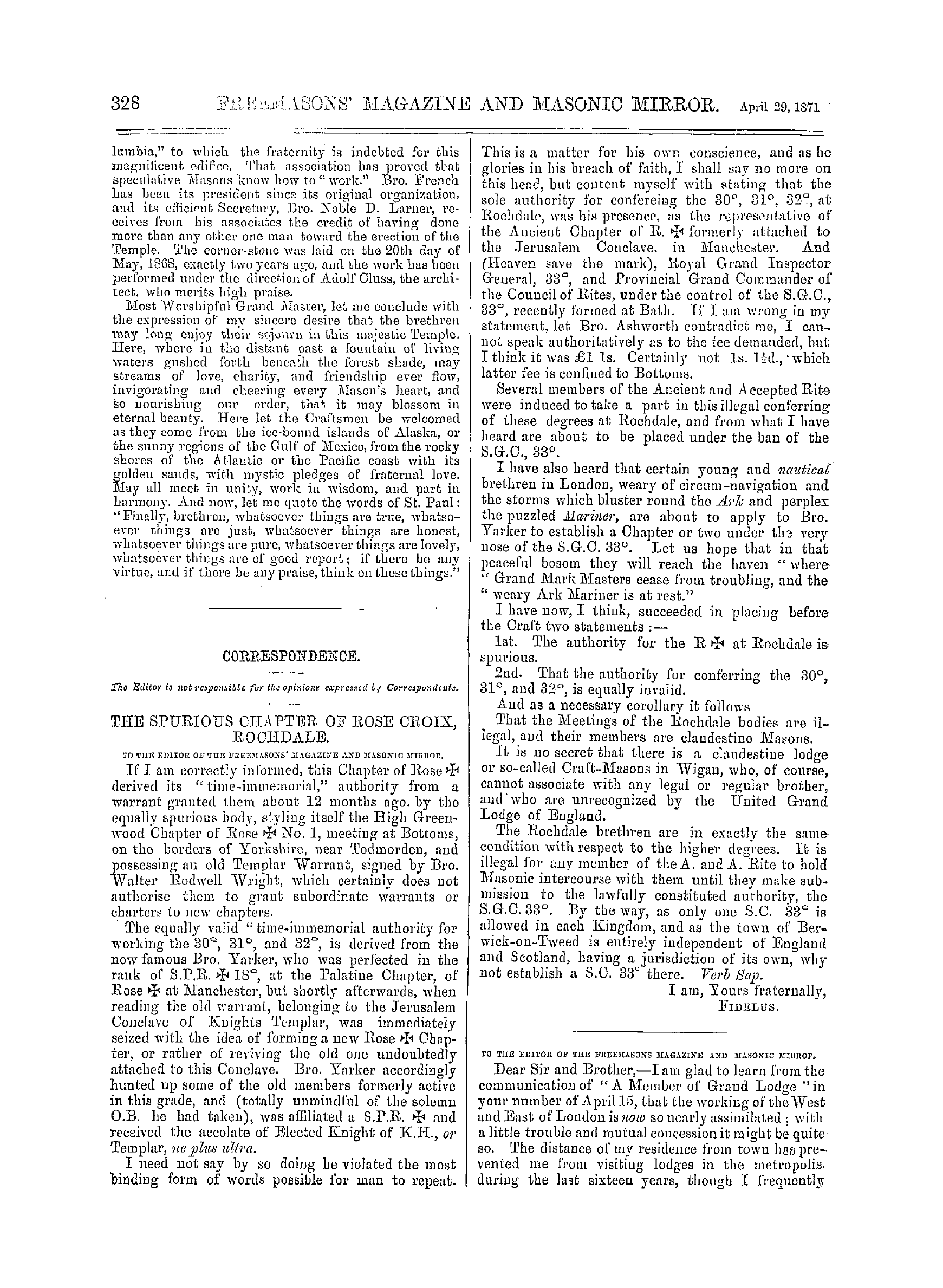 The Freemasons' Monthly Magazine: 1871-04-29 - Light Comes From The East.