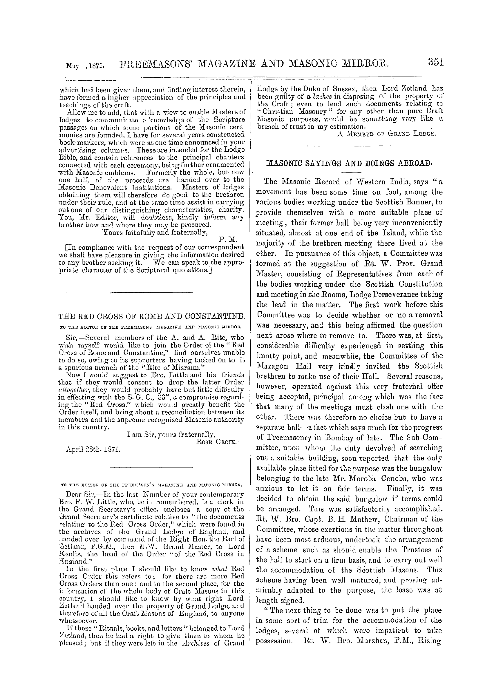 The Freemasons' Monthly Magazine: 1871-05-06 - To The Editor Of The Freemason's Magazine And Masonic Mirror.