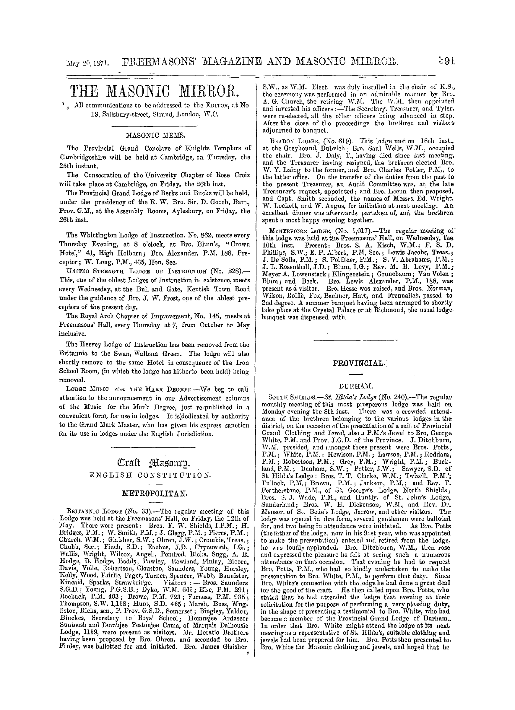 The Freemasons' Monthly Magazine: 1871-05-20 - Provincial.