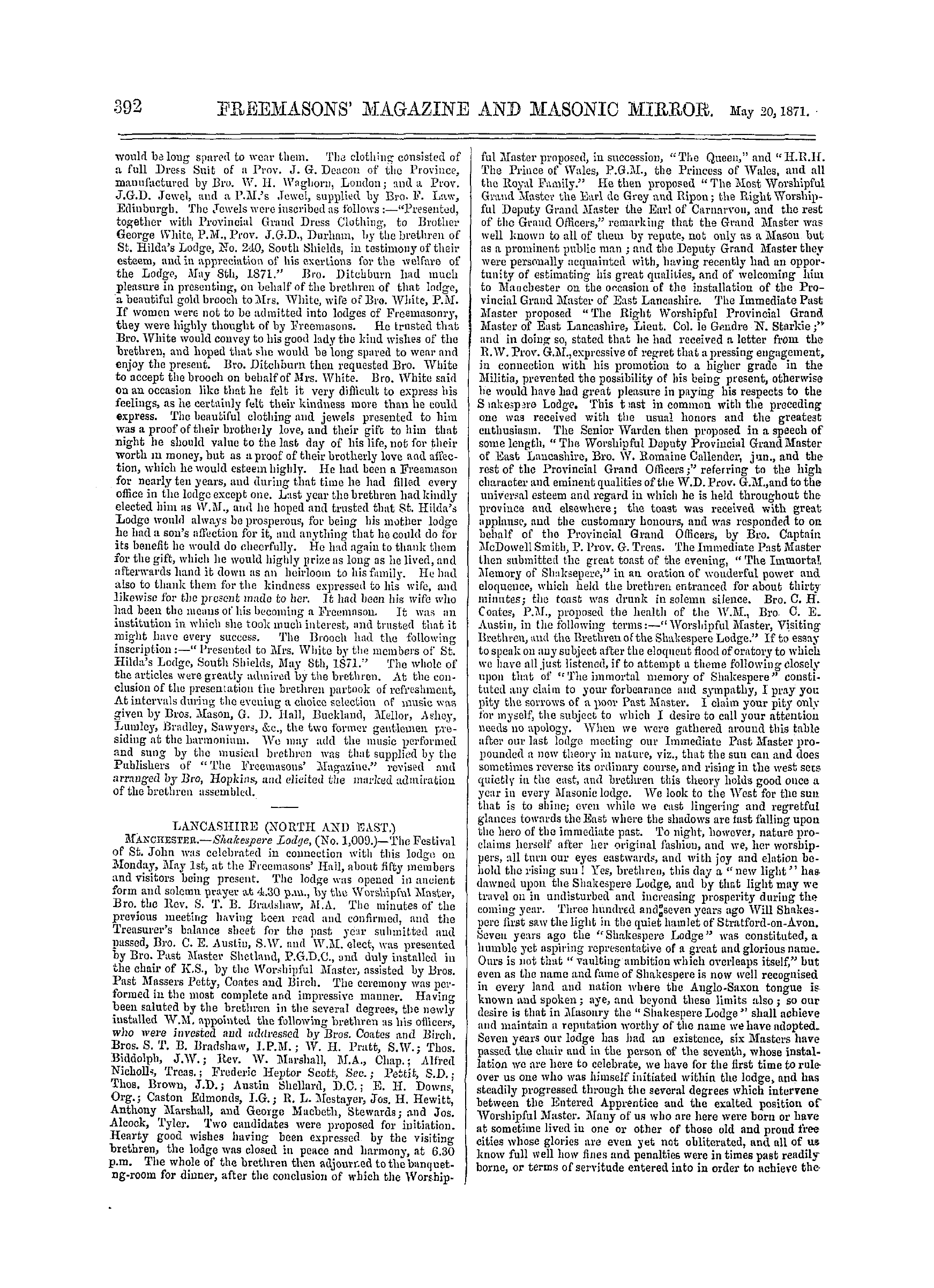 The Freemasons' Monthly Magazine: 1871-05-20 - Provincial.