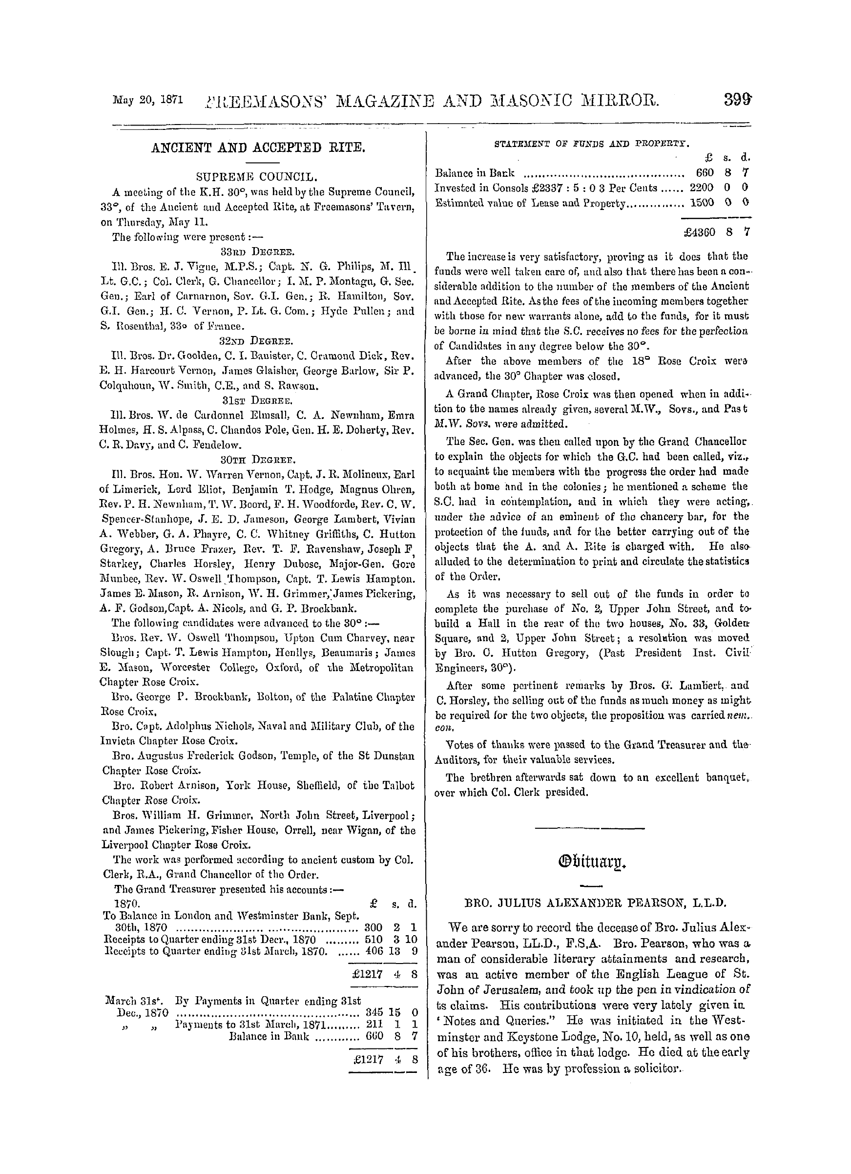 The Freemasons' Monthly Magazine: 1871-05-20 - Obituary.