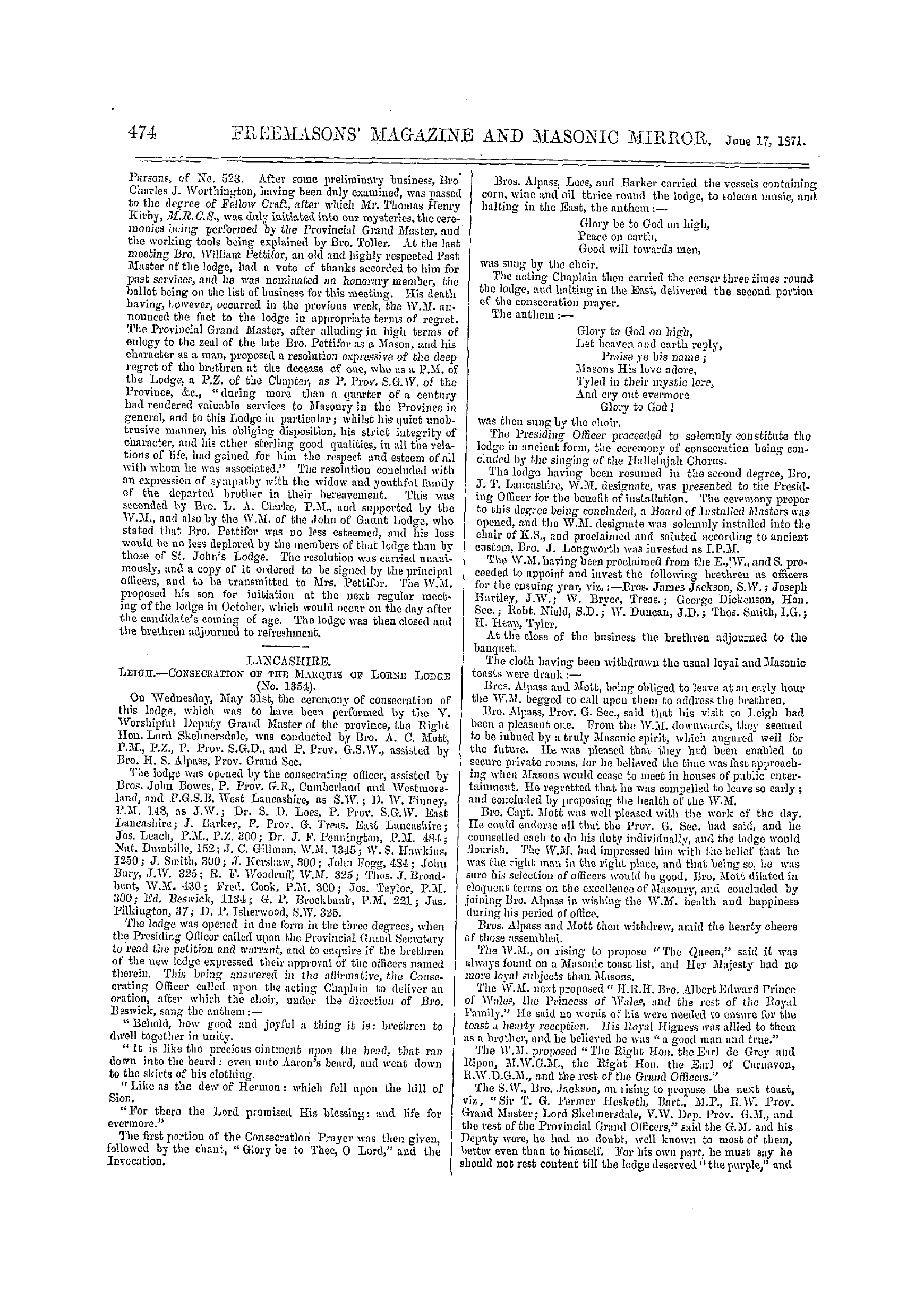 The Freemasons' Monthly Magazine: 1871-06-17 - Provincial.