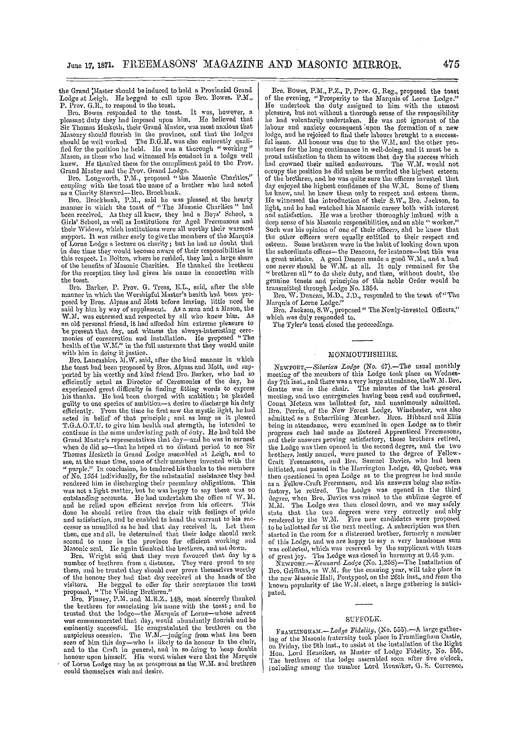 The Freemasons' Monthly Magazine: 1871-06-17 - Provincial.