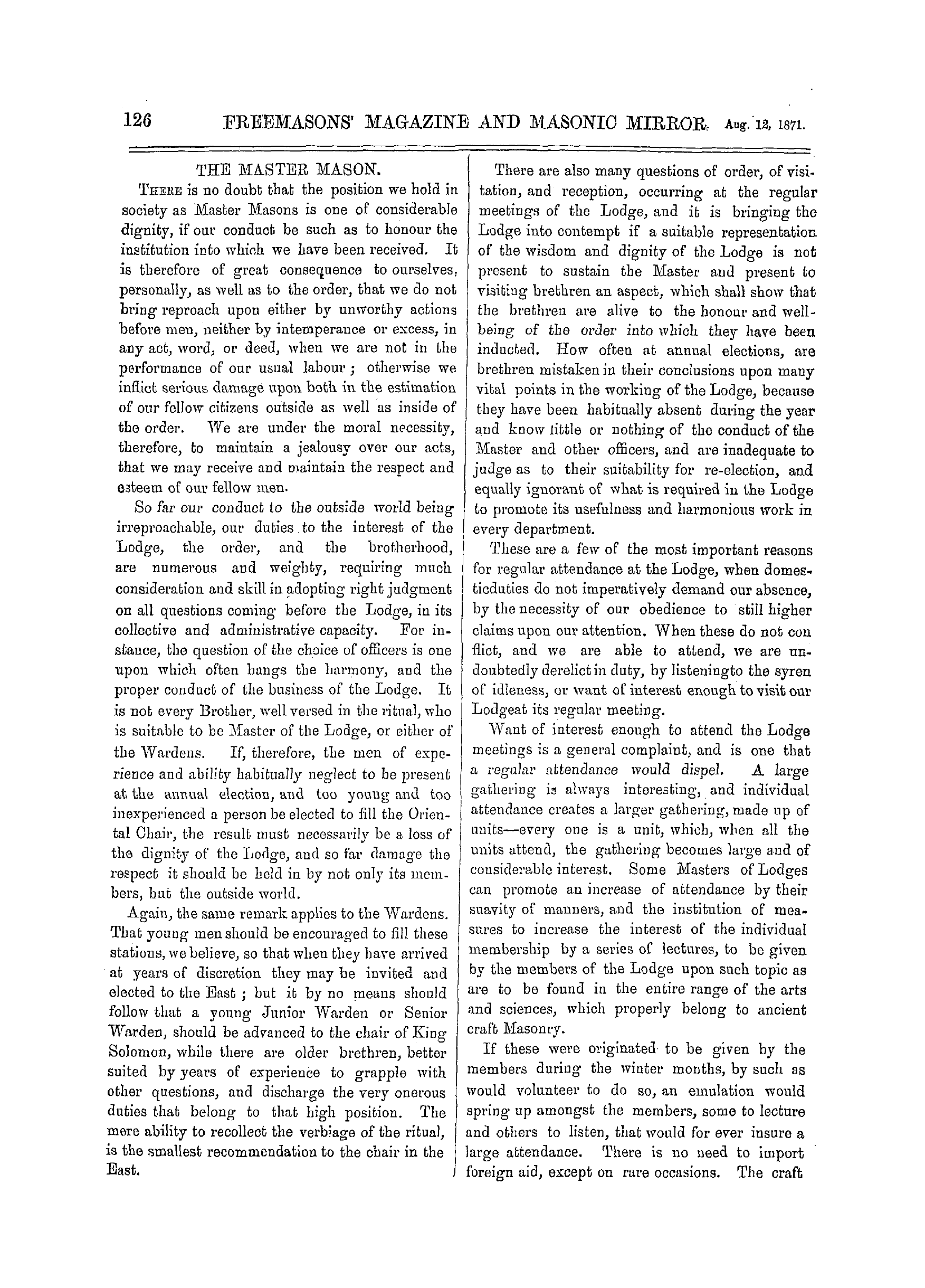 The Freemasons' Monthly Magazine: 1871-08-12 - The Master Mason.