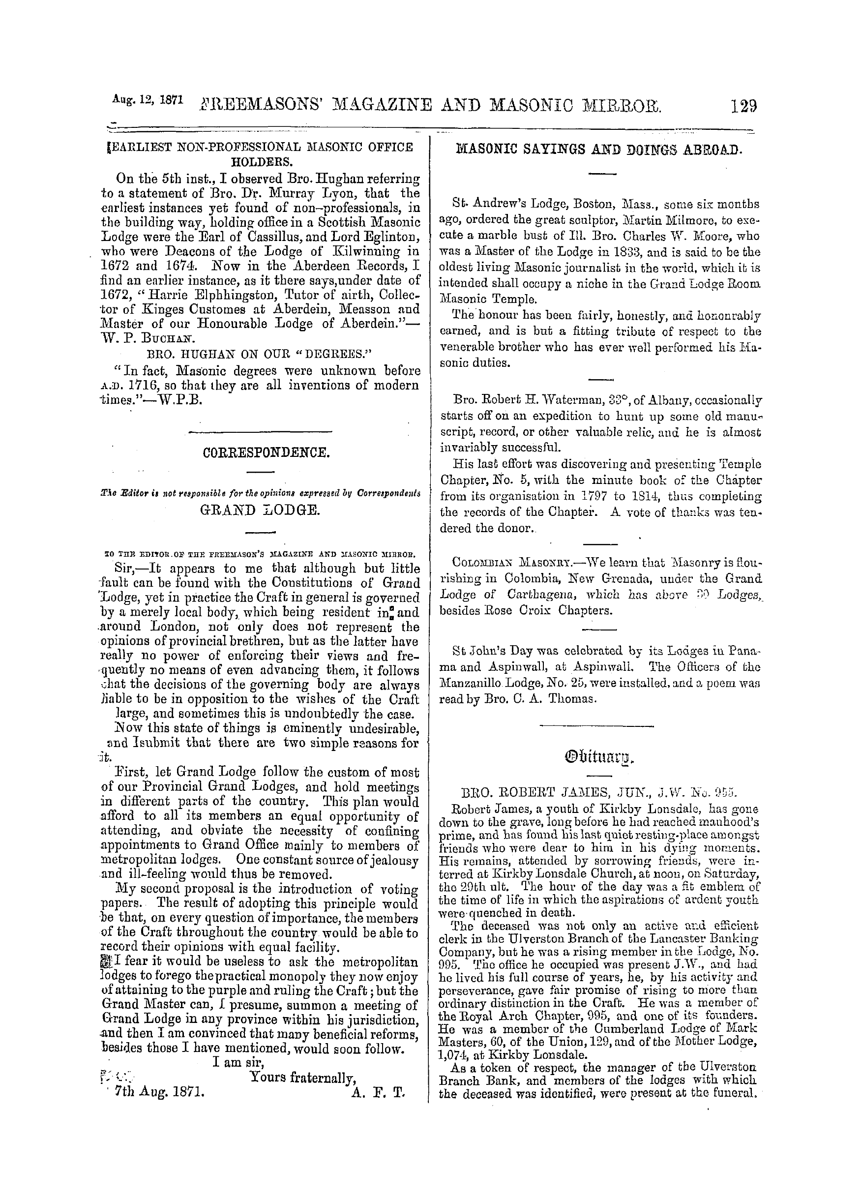 The Freemasons' Monthly Magazine: 1871-08-12: 9