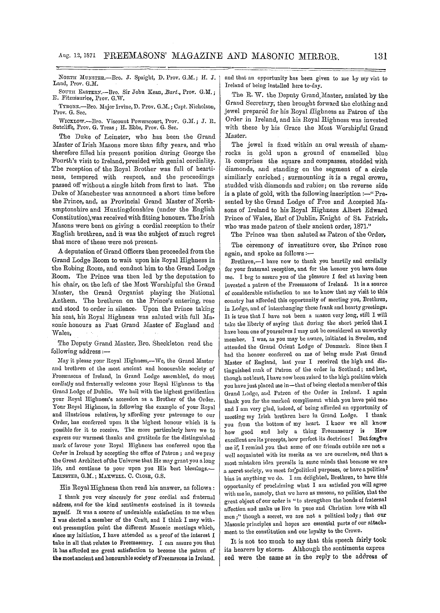 The Freemasons' Monthly Magazine: 1871-08-12 - The Prince Of Wales And The Irish Freemasons.
