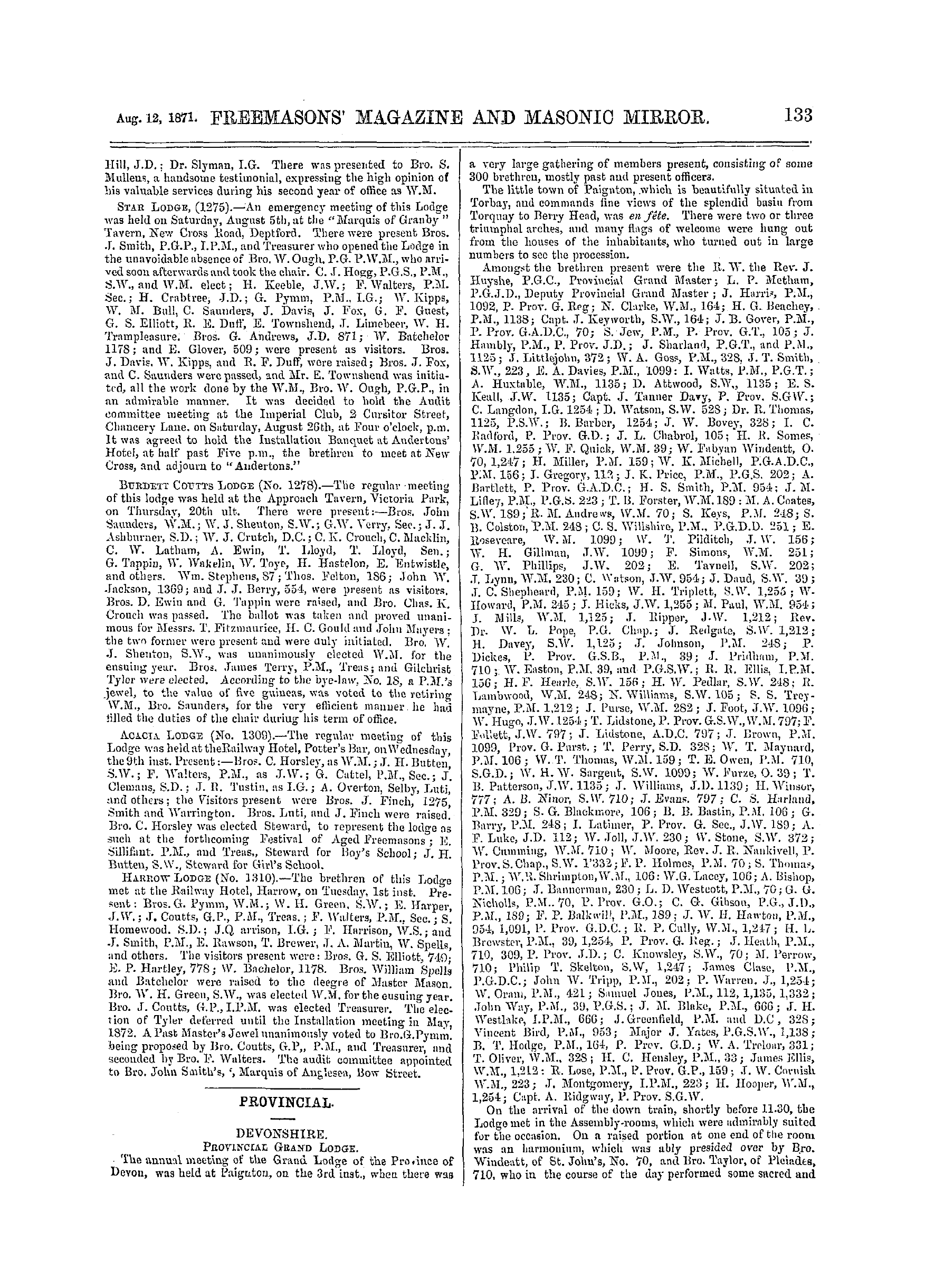 The Freemasons' Monthly Magazine: 1871-08-12 - Provincial.