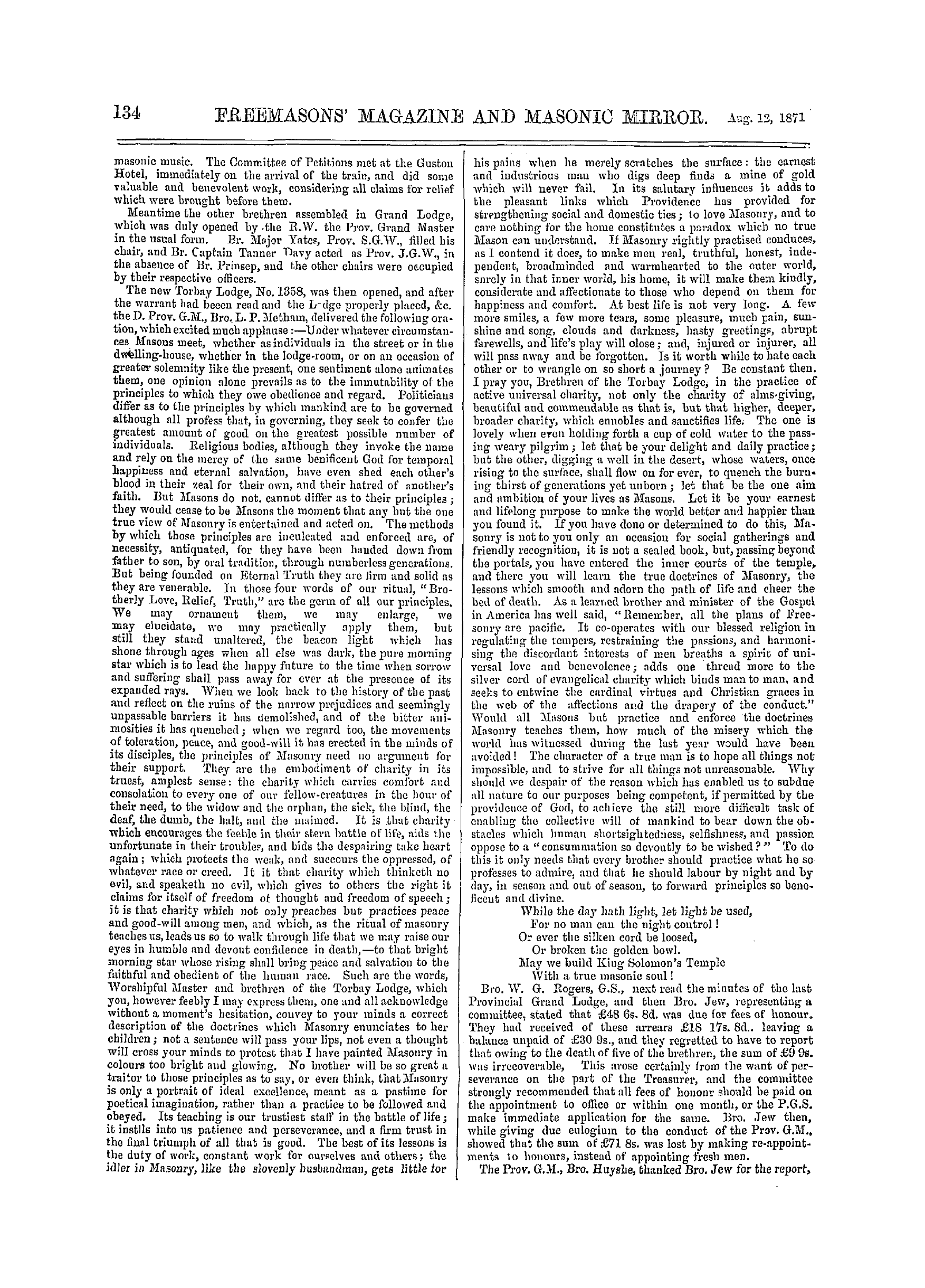 The Freemasons' Monthly Magazine: 1871-08-12 - Provincial.