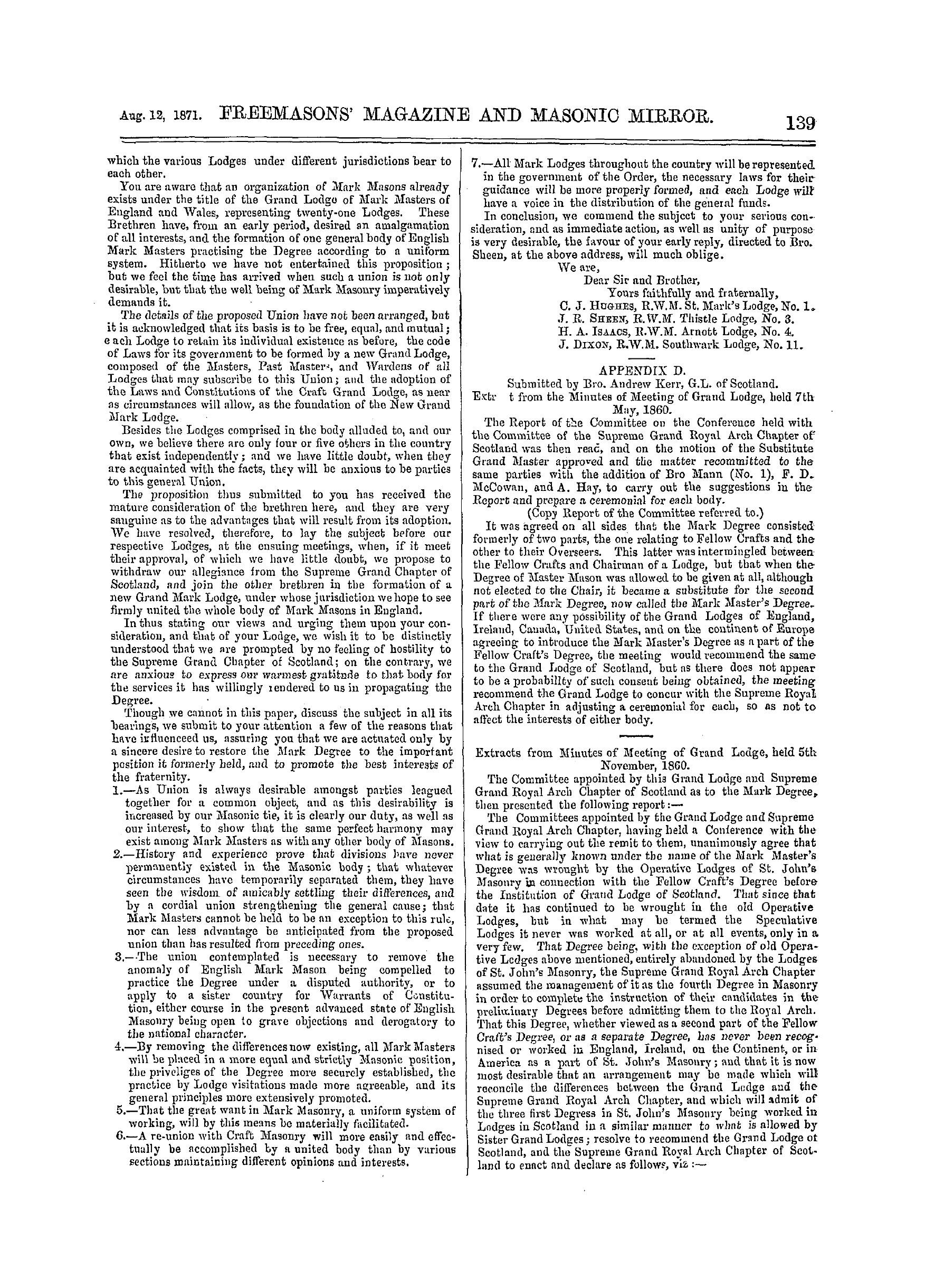 The Freemasons' Monthly Magazine: 1871-08-12 - The Mark Degree In England.