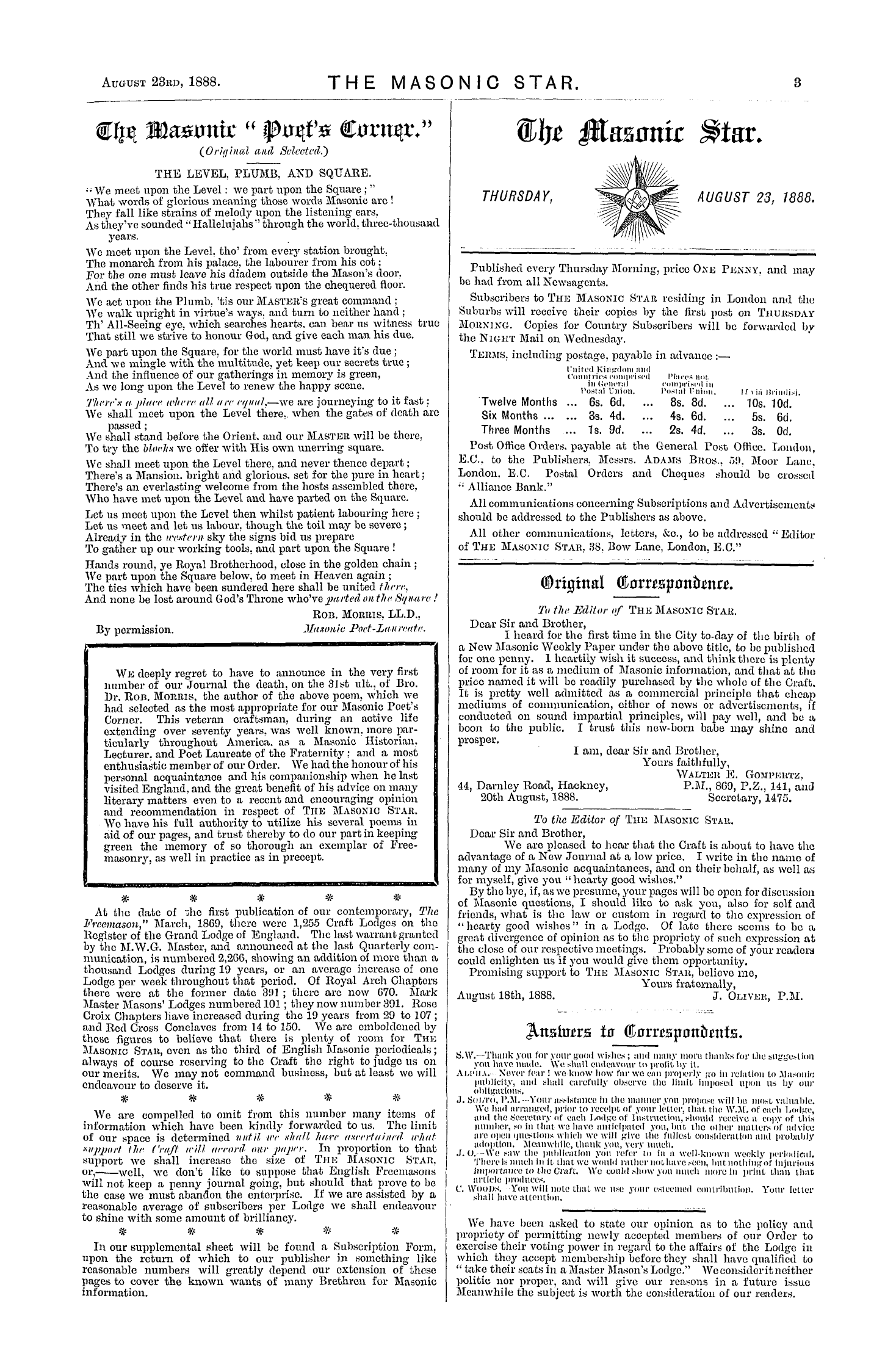 The Masonic Star: 1888-08-23 - The Masonic " Poet's Corner."