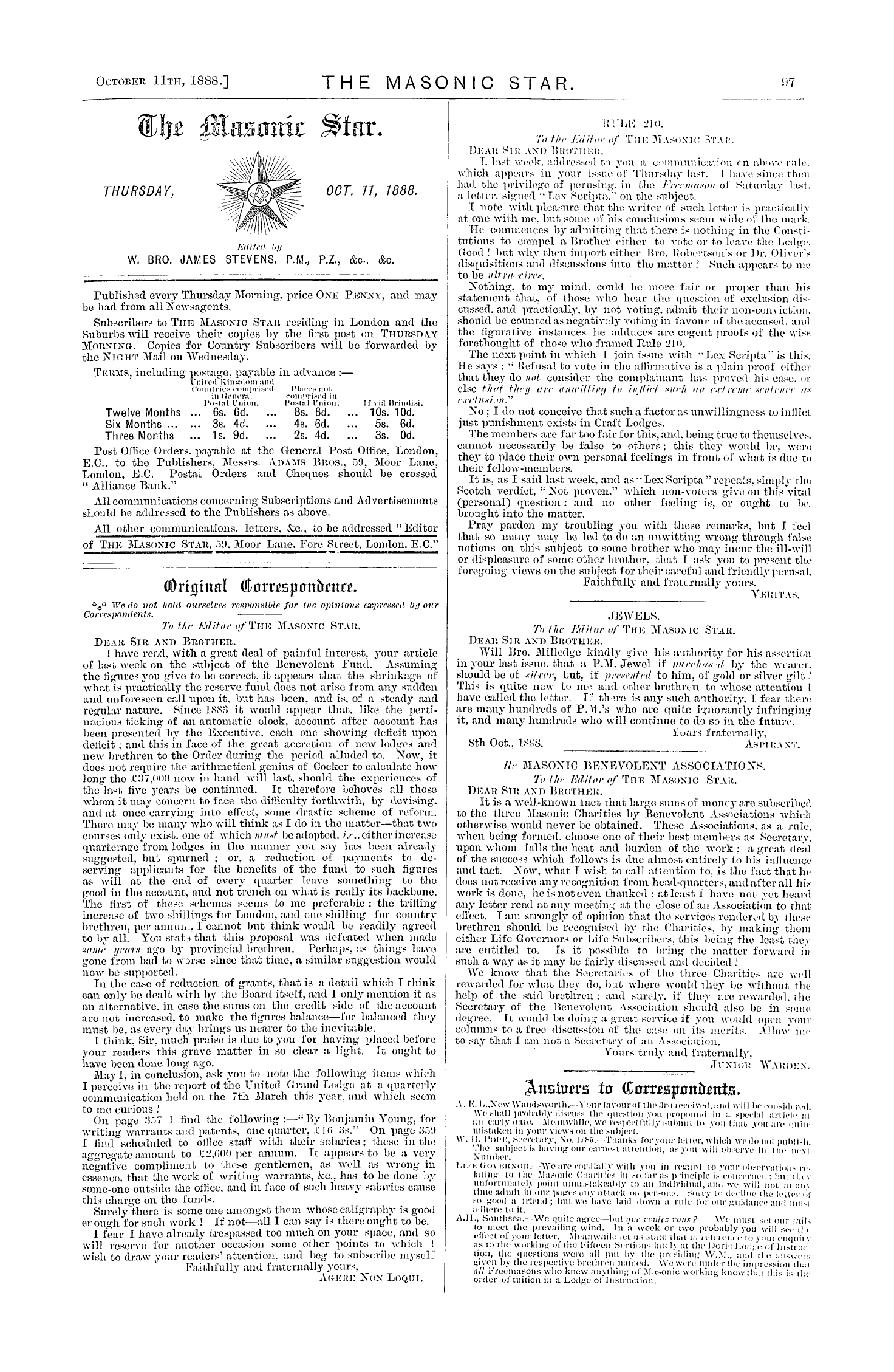 The Masonic Star: 1888-10-11 - Original Correspondence.