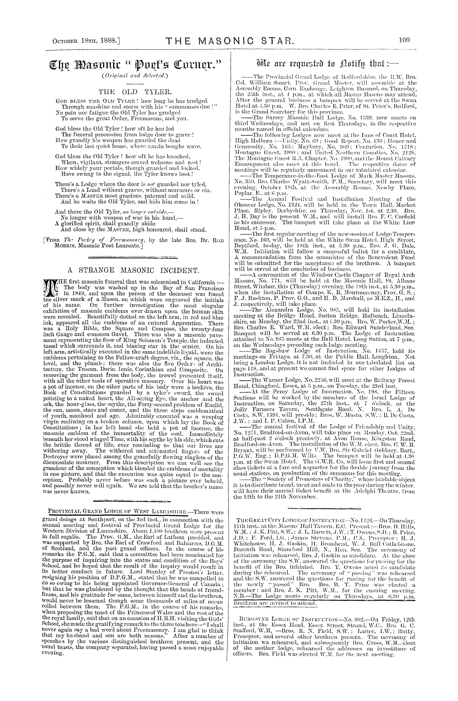 The Masonic Star: 1888-10-18 - The Masonic " Port's Corner."