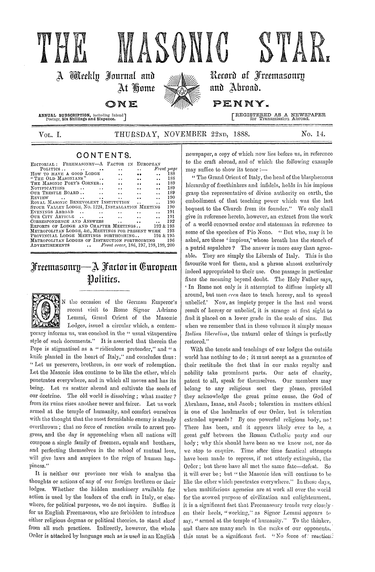 The Masonic Star: 1888-11-22 - Freemasonry- A Factor In European Politics.