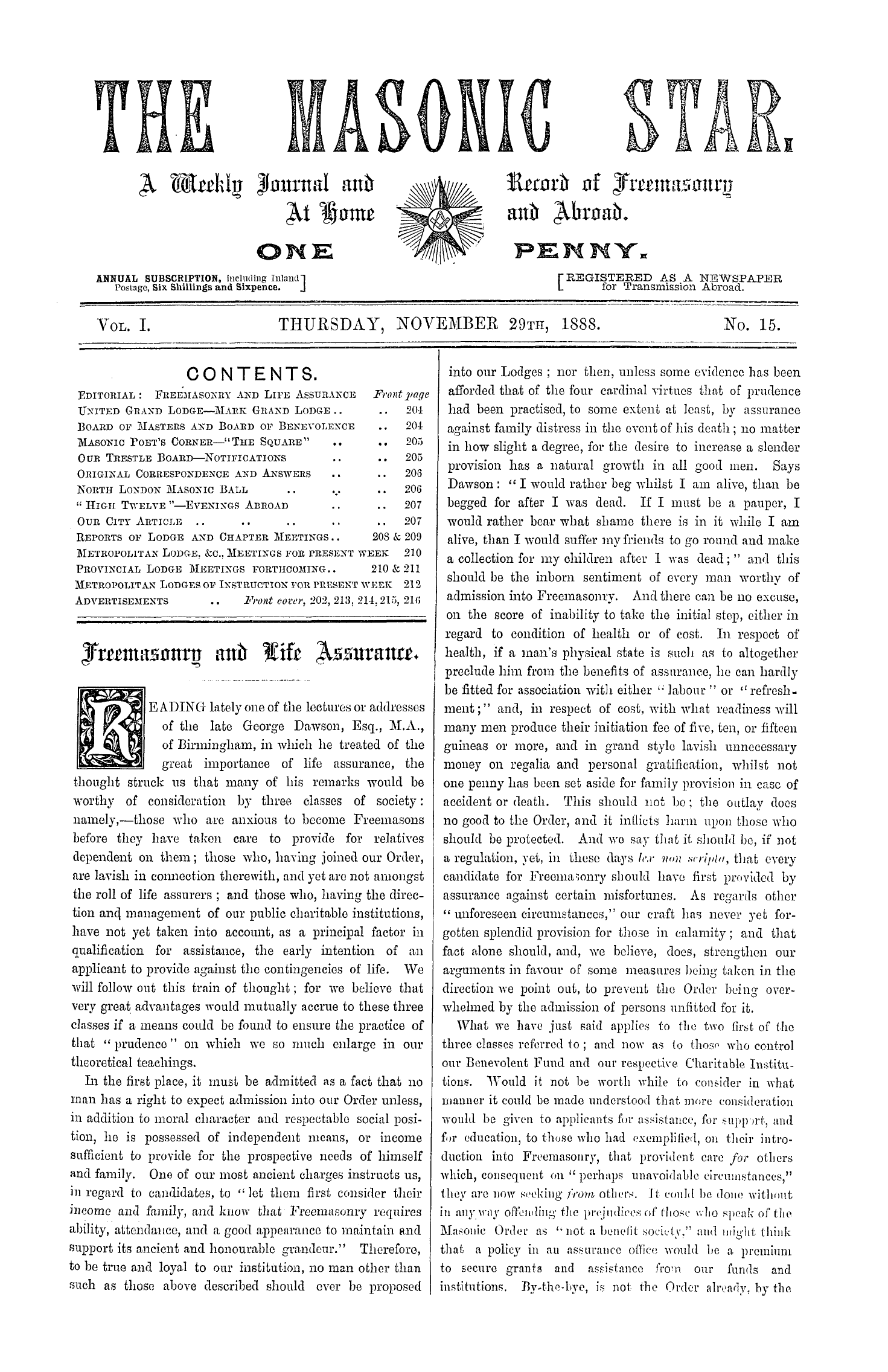 The Masonic Star: 1888-11-29 - Freemasonry And Life Assurance.