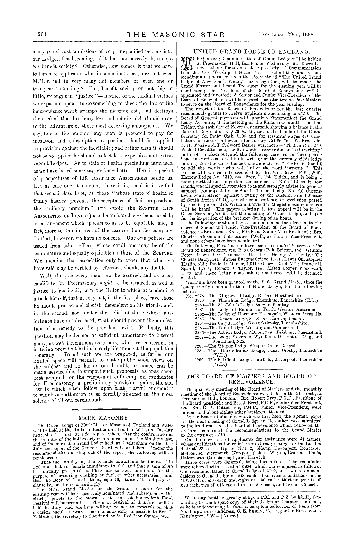 The Masonic Star: 1888-11-29 - Freemasonry And Life Assurance.