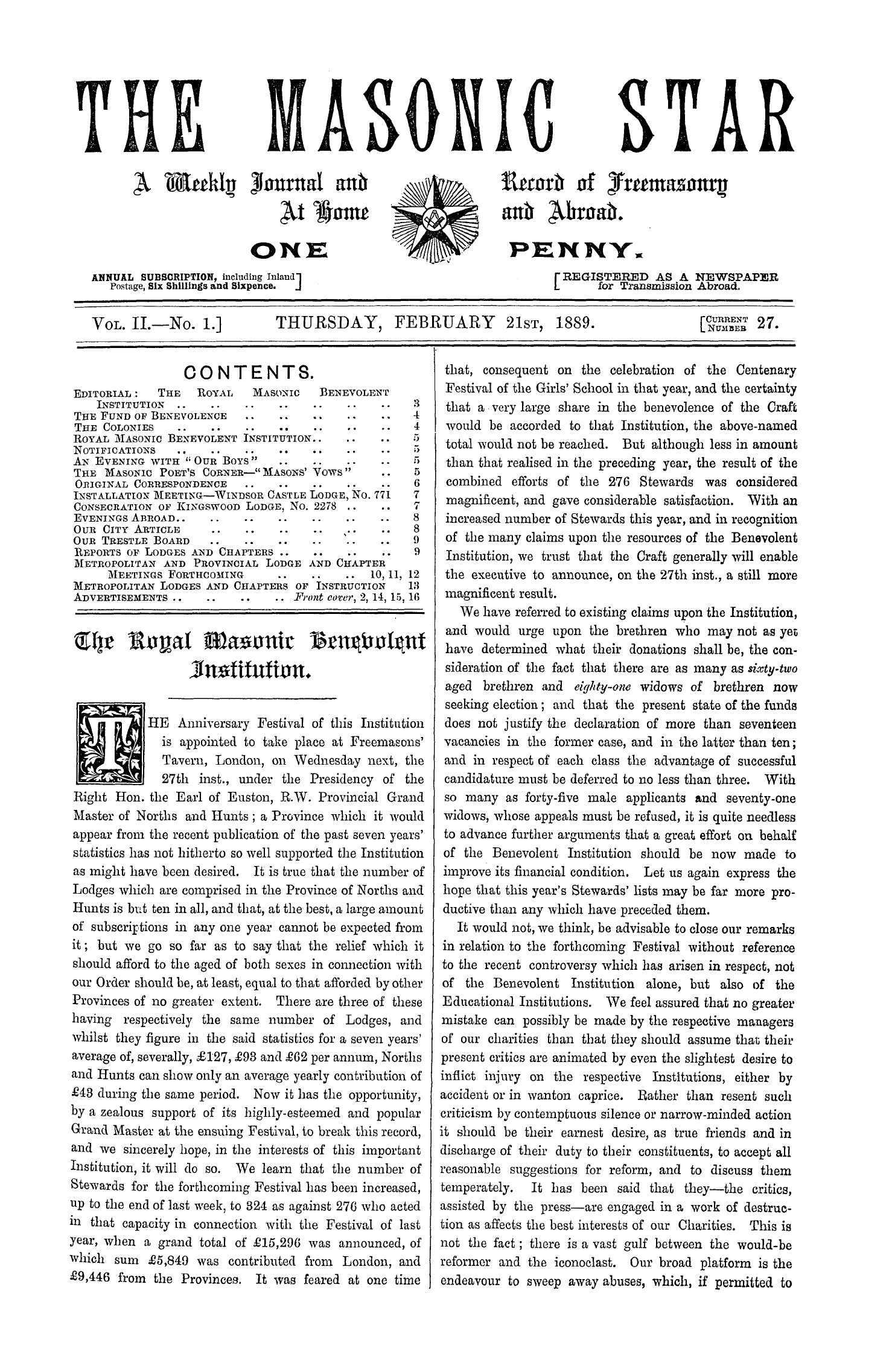 The Masonic Star: 1889-02-21 - Contents.