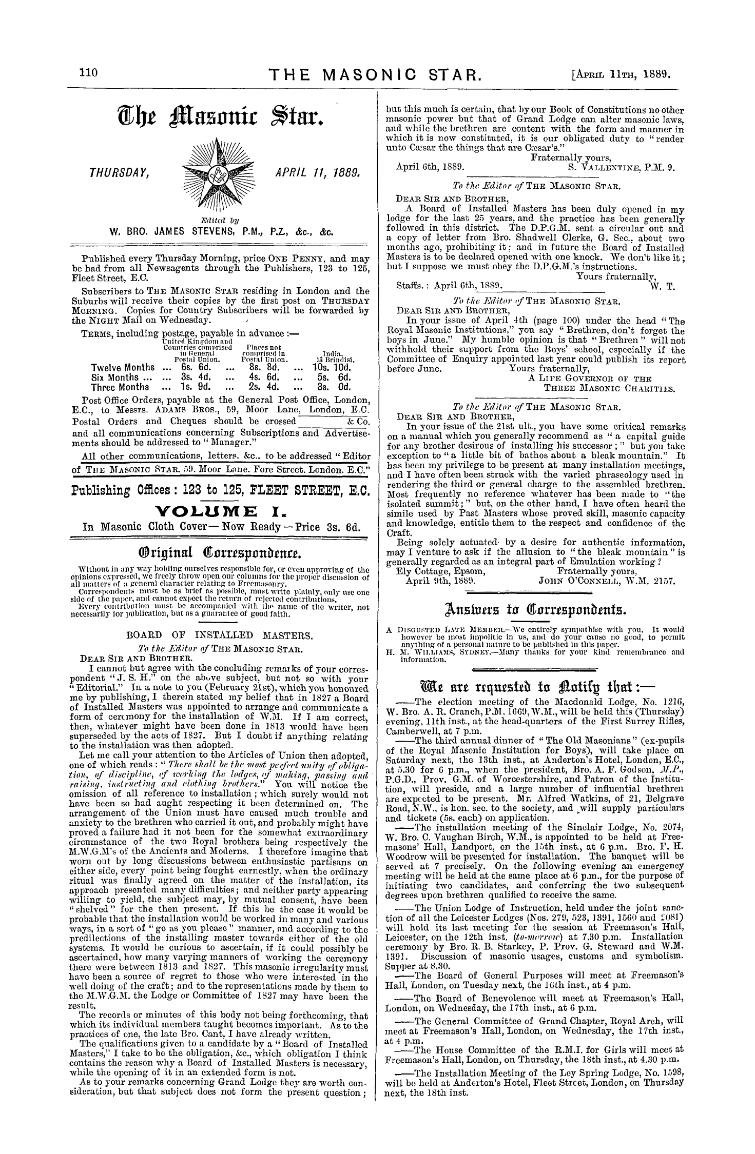 The Masonic Star: 1889-04-11 - Original Correspondence.