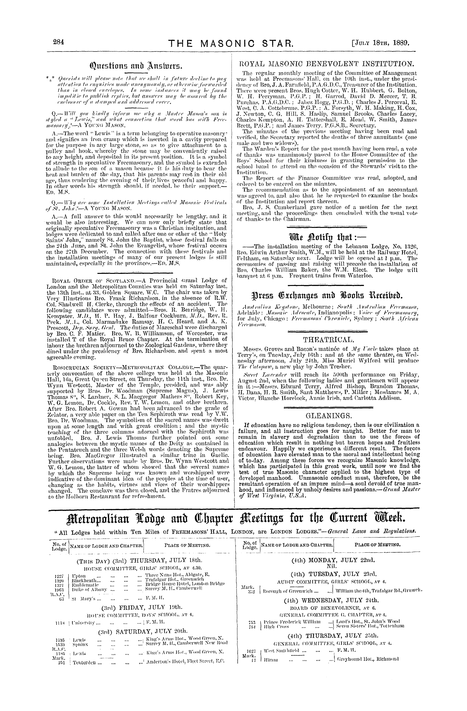 The Masonic Star: 1889-07-18 - Press Exchanges And Booka Recived.