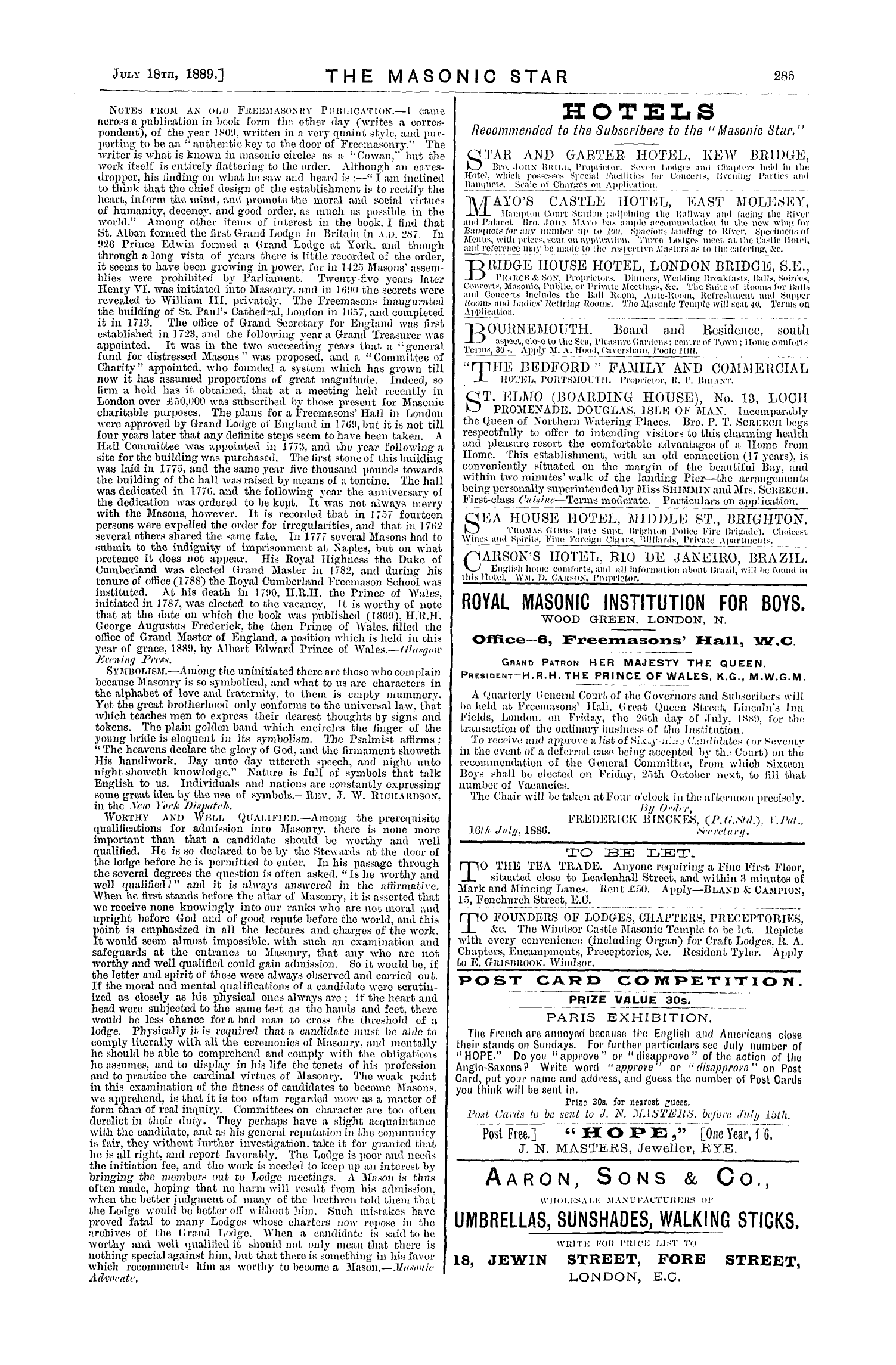 The Masonic Star: 1889-07-18 - Press Exchanges And Booka Recived.